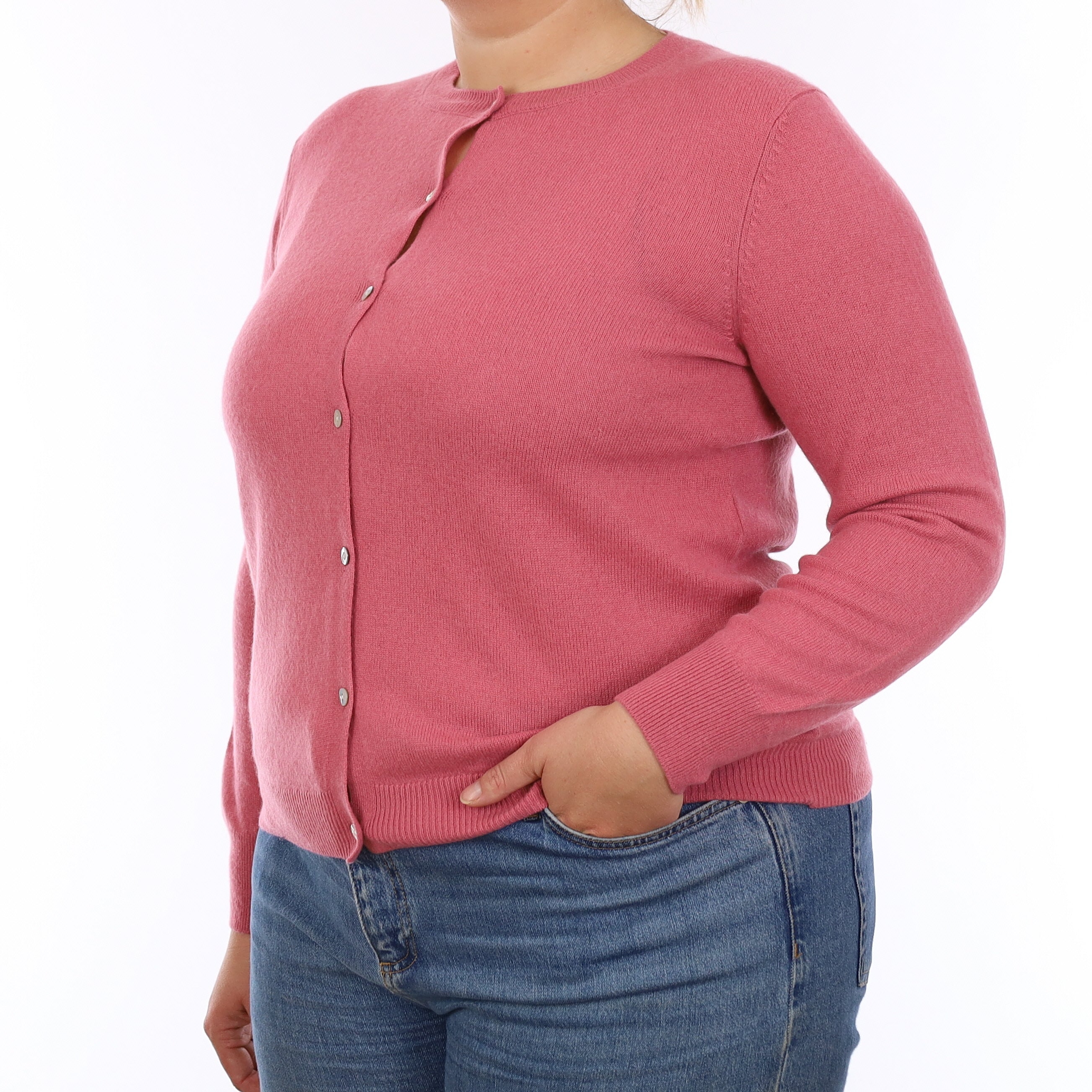 Loganberry Pink Cashmere Crew Neck Cardigan Large