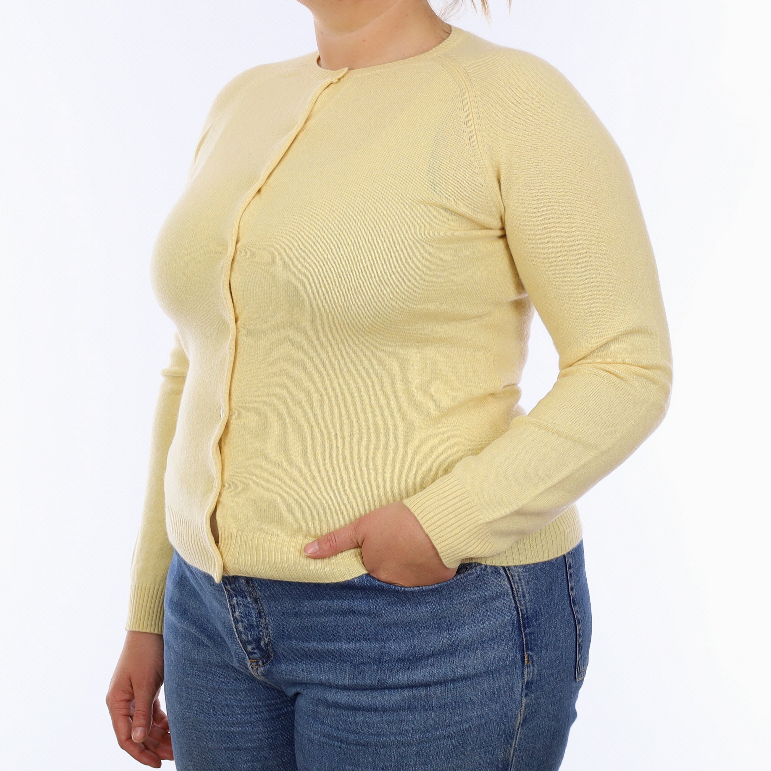 Custard Yellow Cashmere Crew Neck Cardigan Large