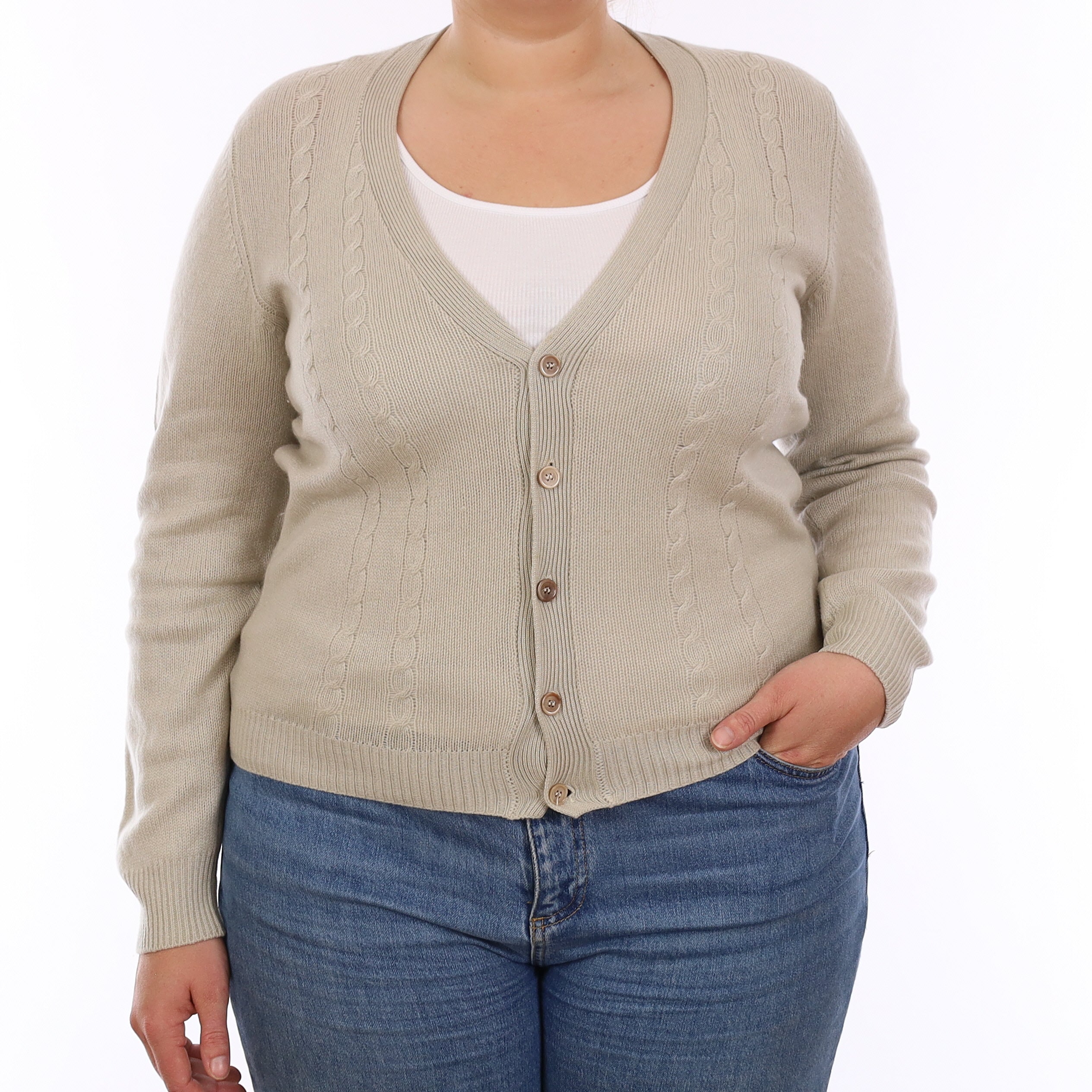 Alabaster Beige Cable Front Cashmere V Neck Cardigan Large
