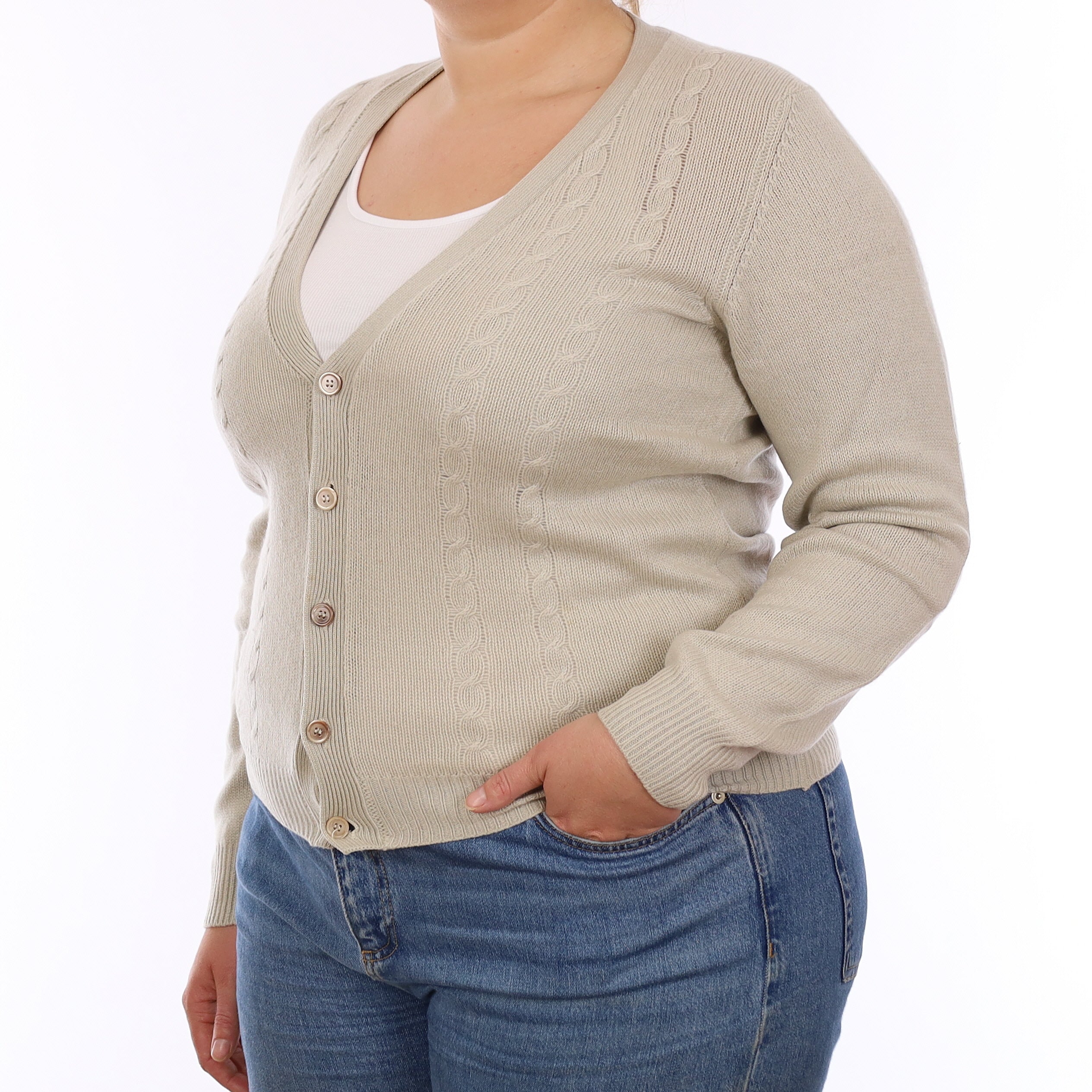Alabaster Beige Cable Front Cashmere V Neck Cardigan Large