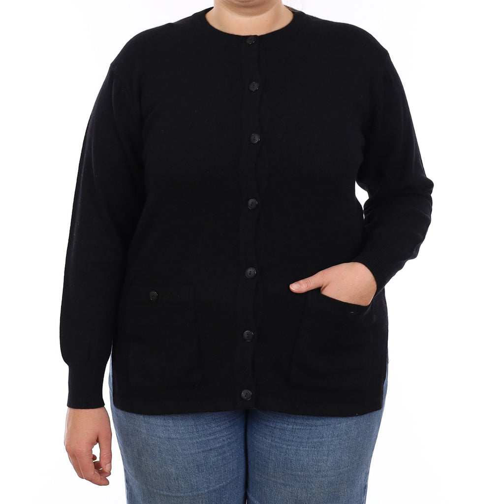 Black Cashmere Longline Crew Neck Cardigan with Pockets Large