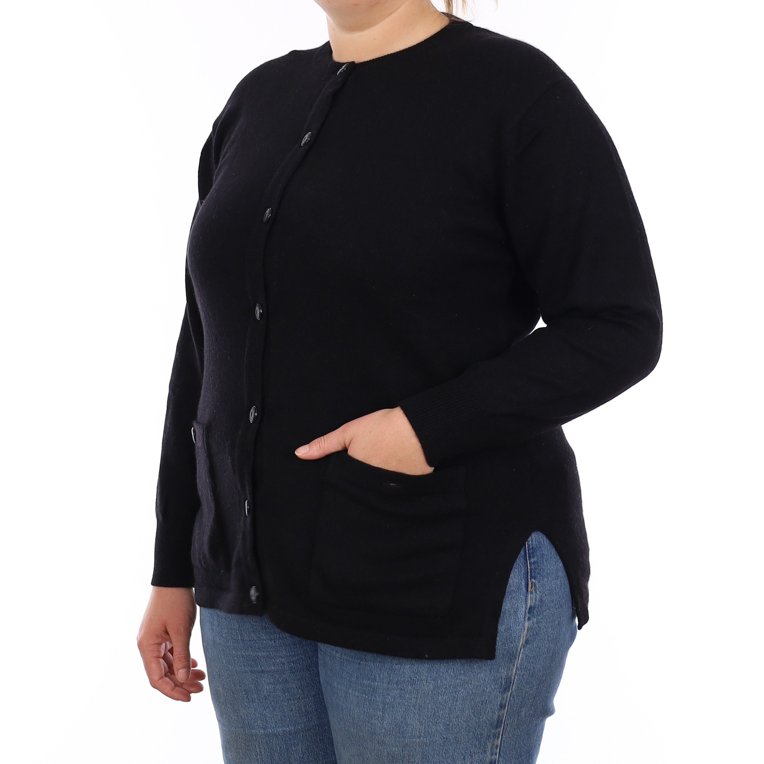 Black Cashmere Longline Crew Neck Cardigan with Pockets Large