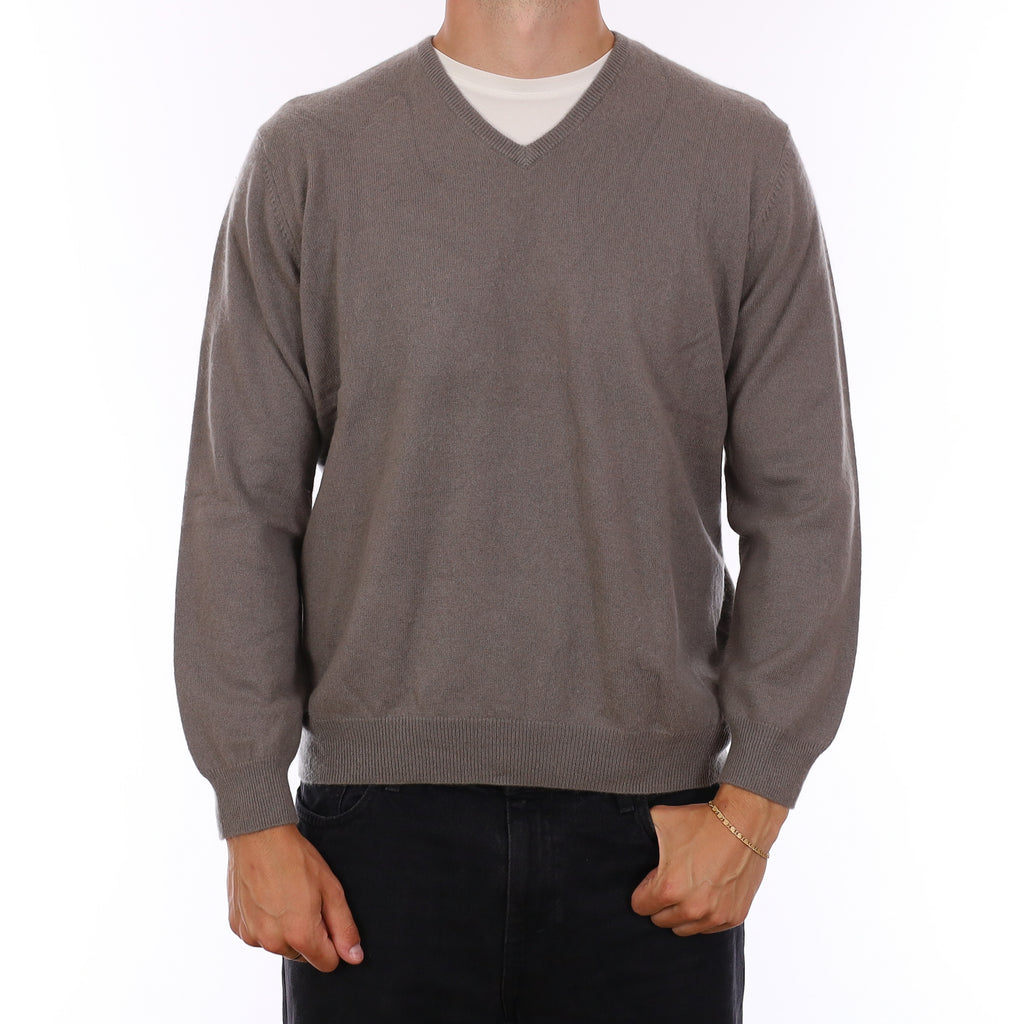 Men's Mushroom Brown Cashmere V Neck Jumper XL