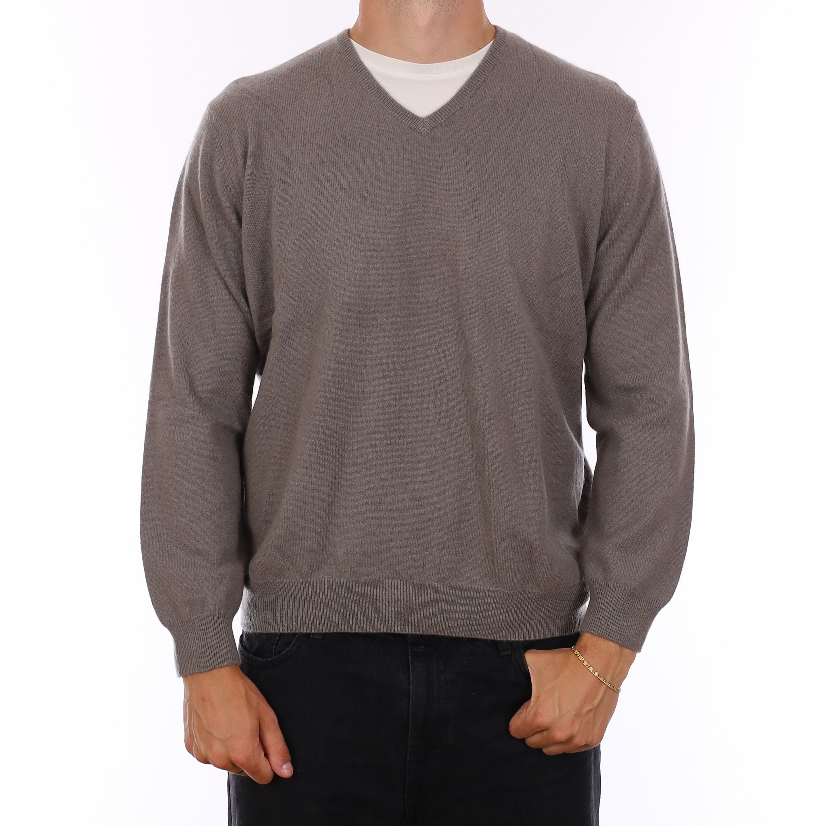 Men's Mushroom Brown Cashmere V Neck Jumper XL