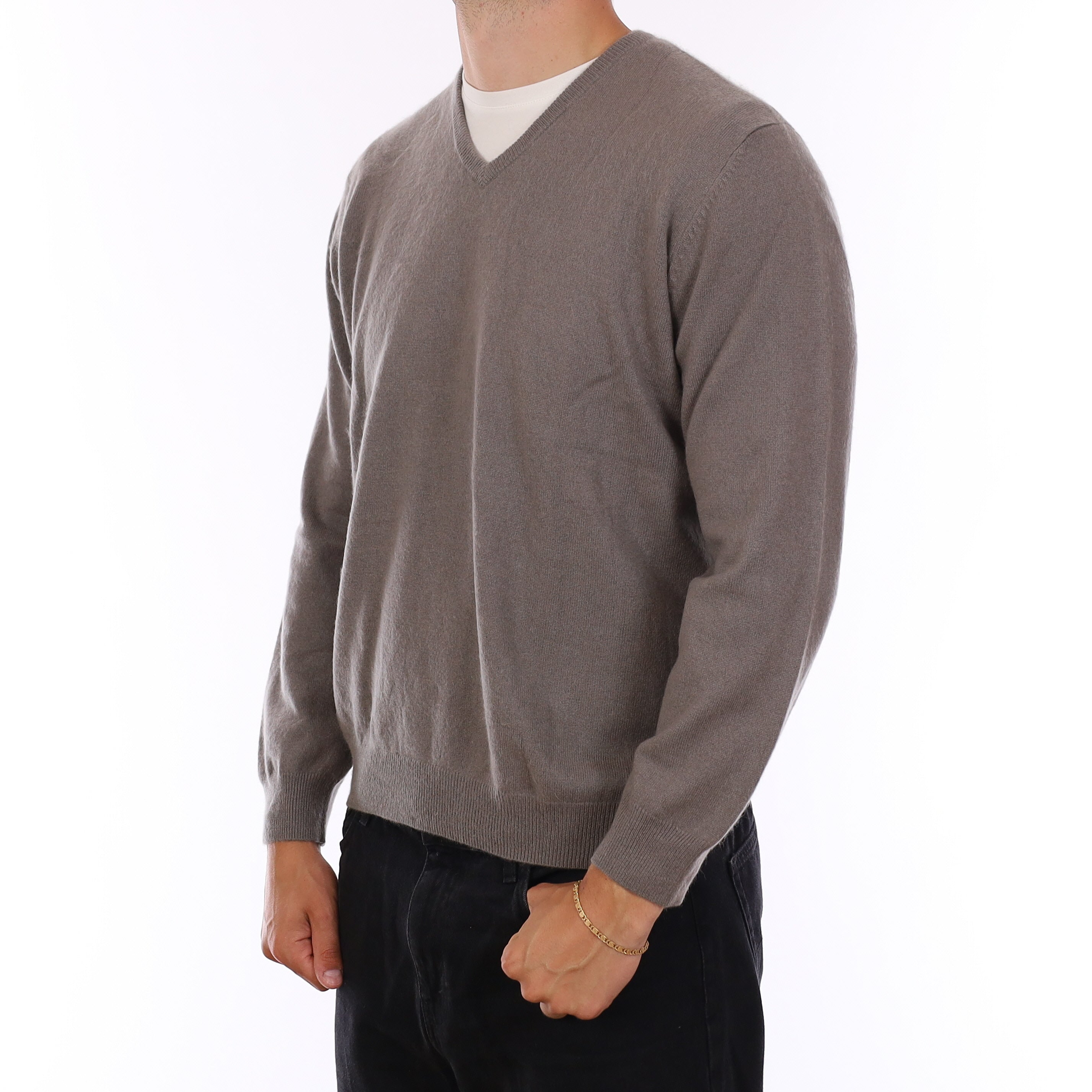 Men's Mushroom Brown Cashmere V Neck Jumper XL