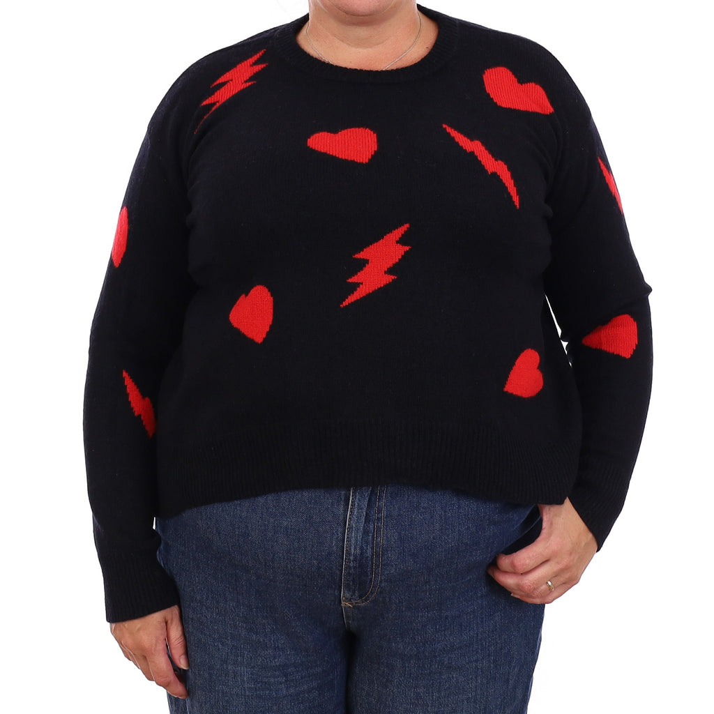 Black & Red Heart Design Cashmere Crew Neck Jumper Extra Large