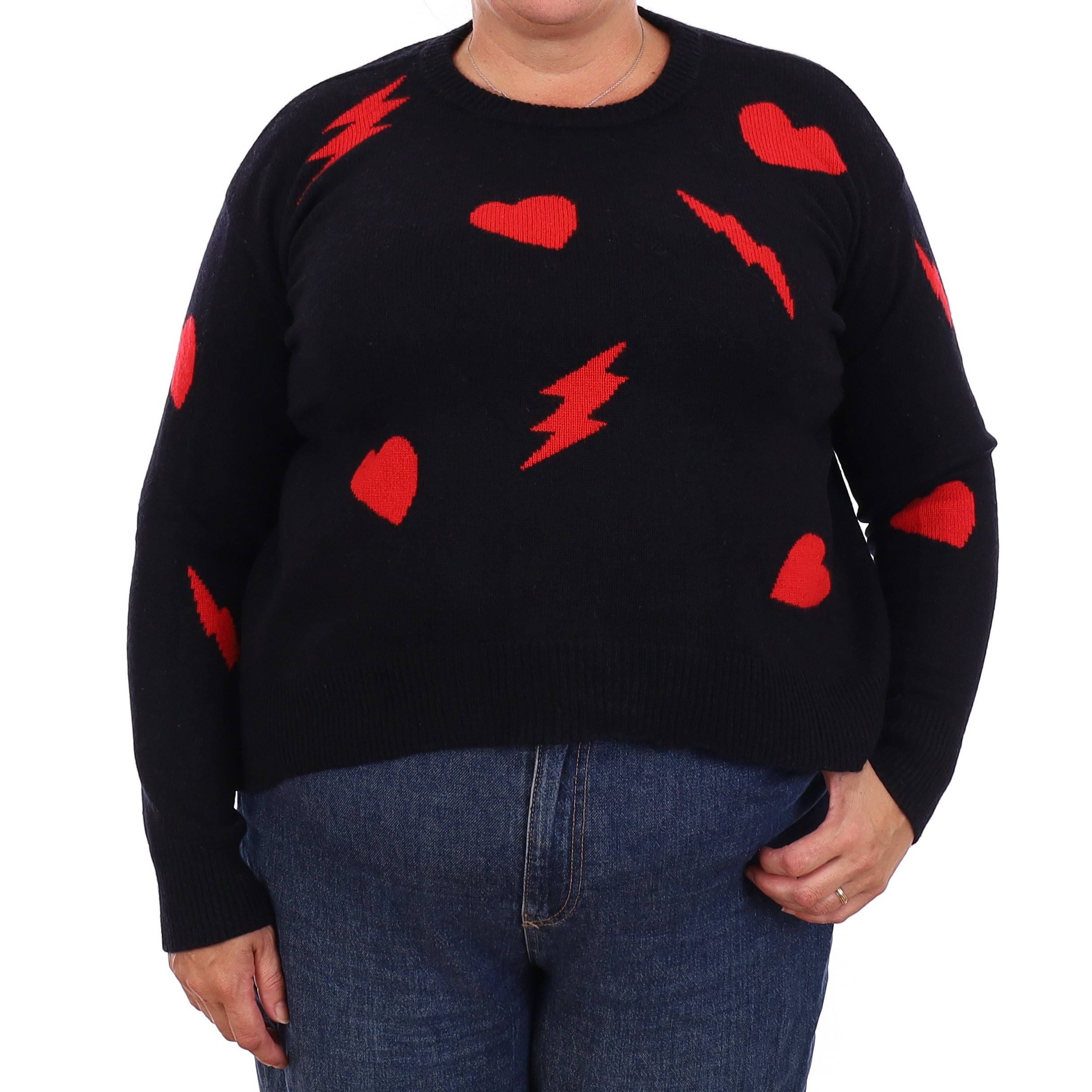 Black & Red Heart Design Cashmere Crew Neck Jumper Extra Large