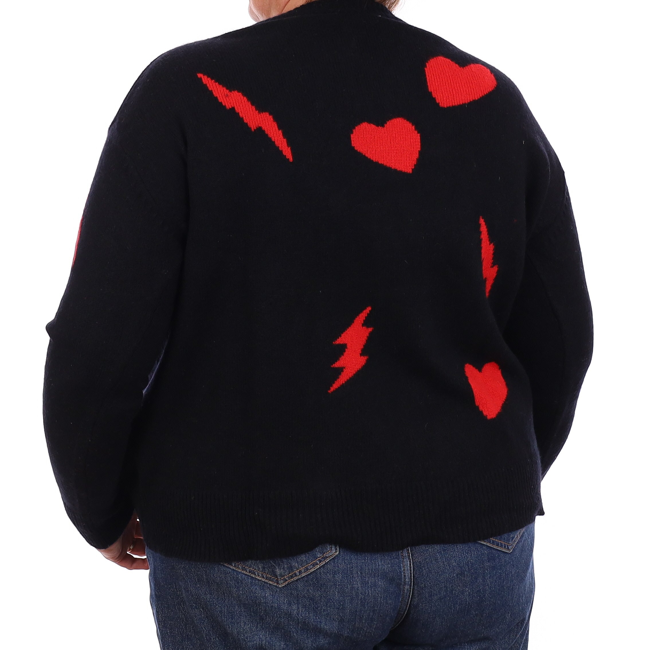 Black & Red Heart Design Cashmere Crew Neck Jumper Extra Large