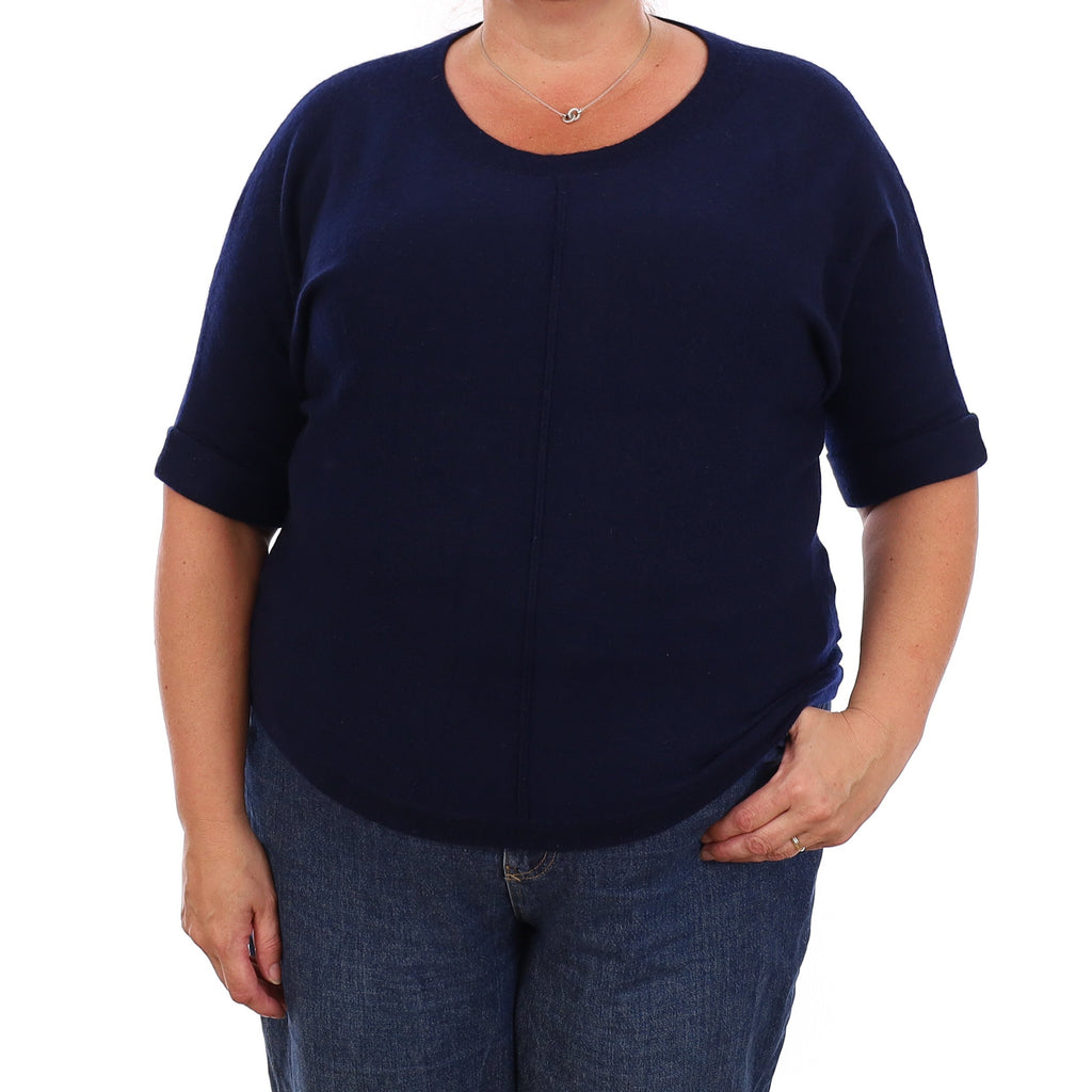 Navy Cashmere Short Bat Wing Sleeve Crew Neck Jumper Extra Large