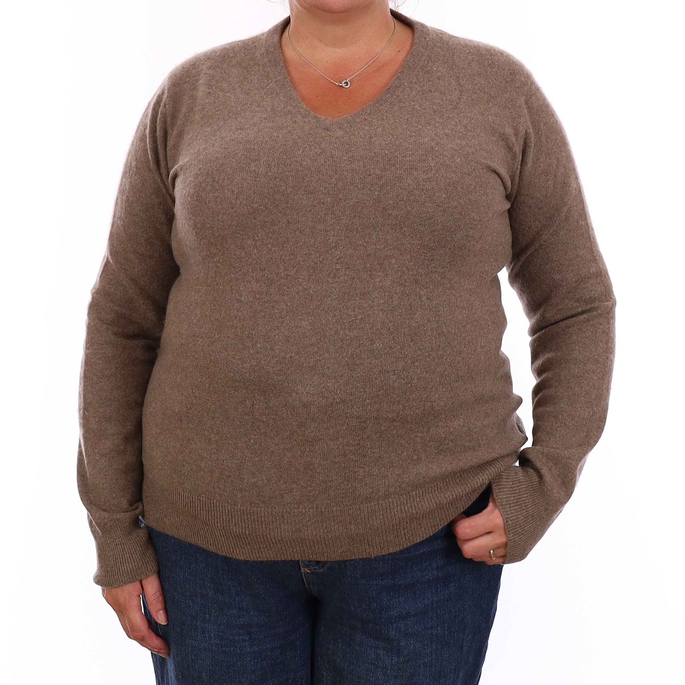 Taupe Brown Cashmere V Neck Jumper Extra Large
