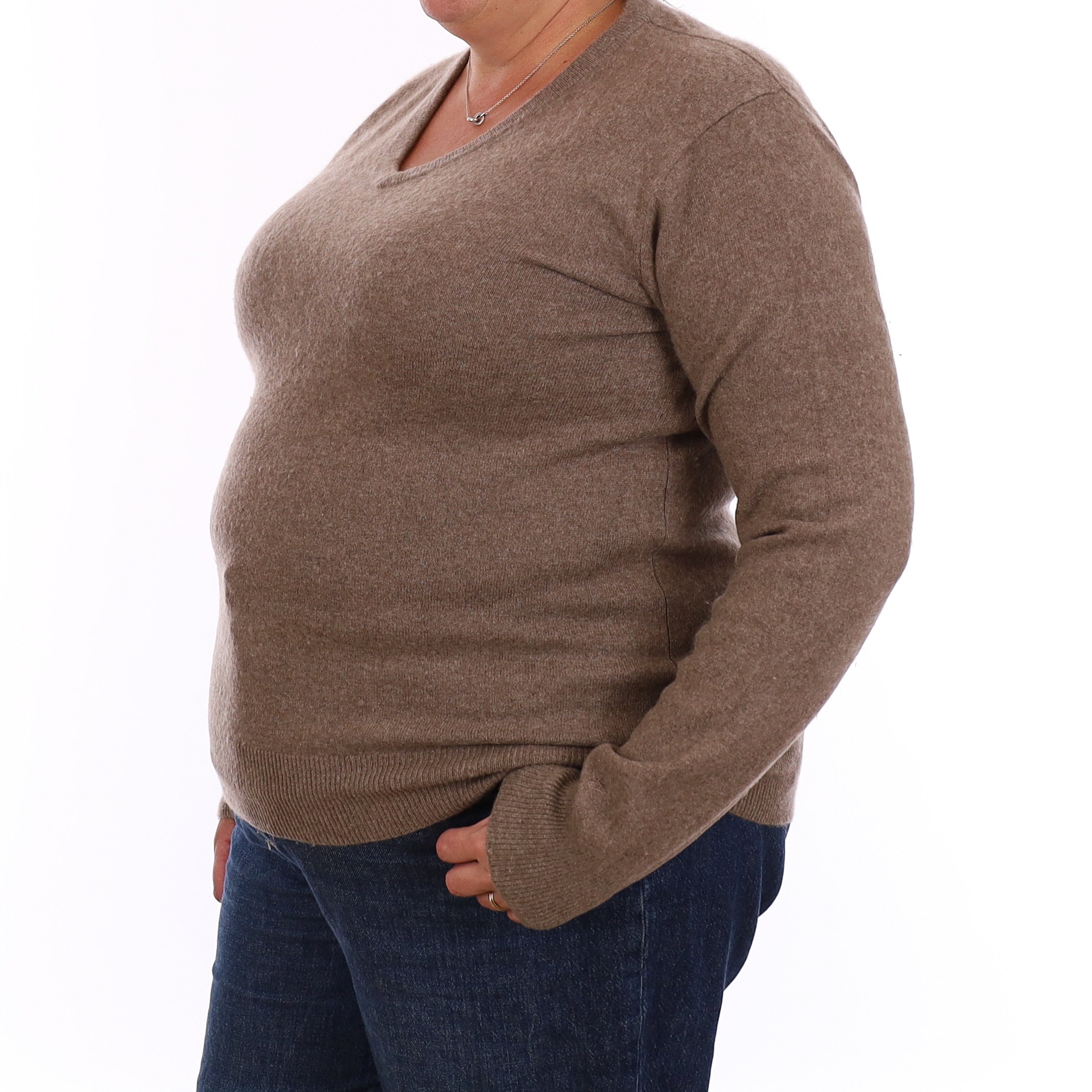 Taupe Brown Cashmere V Neck Jumper Extra Large