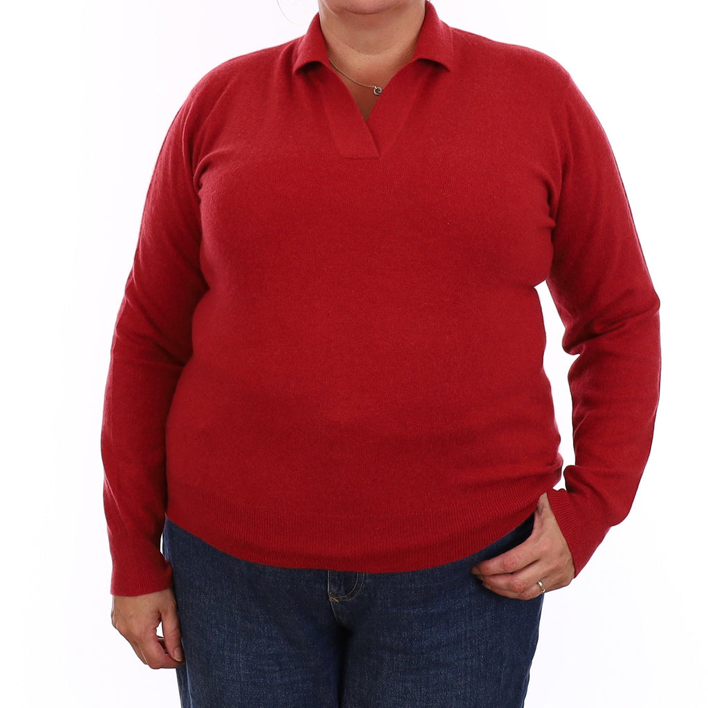 Paprika Red Cashmere Collared V Neck Jumper Extra Large