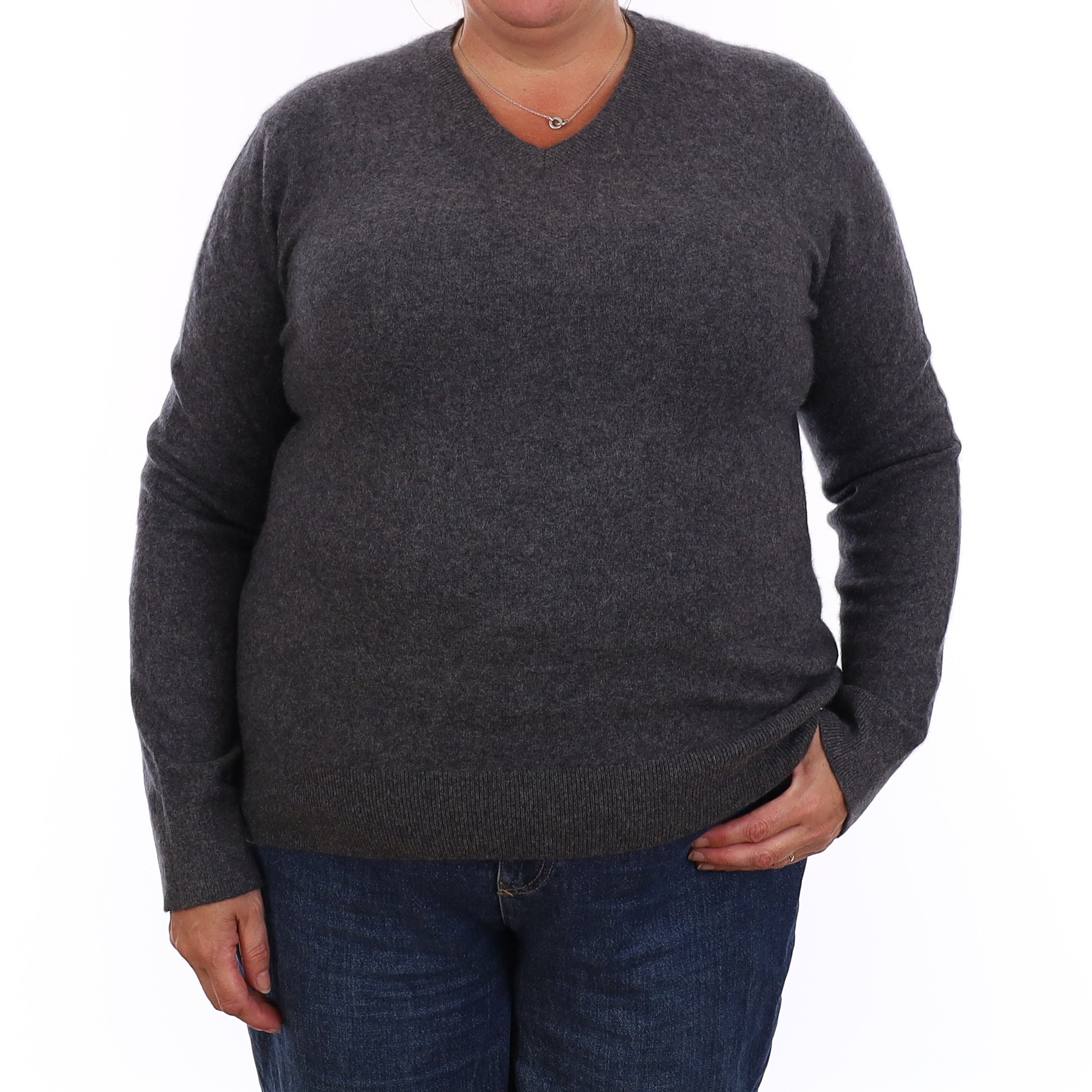 Granite Grey Cashmere V Neck Jumper Extra Large