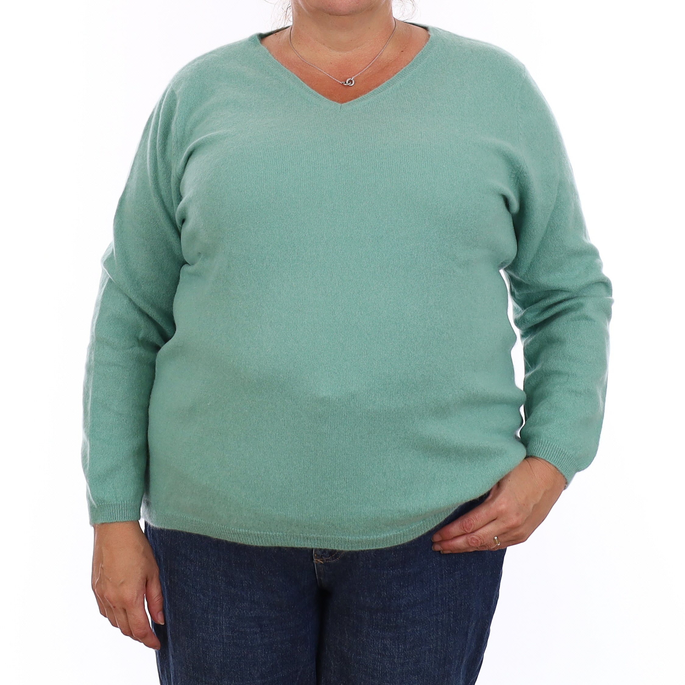 Mint Green Cashmere Boxy V Neck Jumper Extra Large