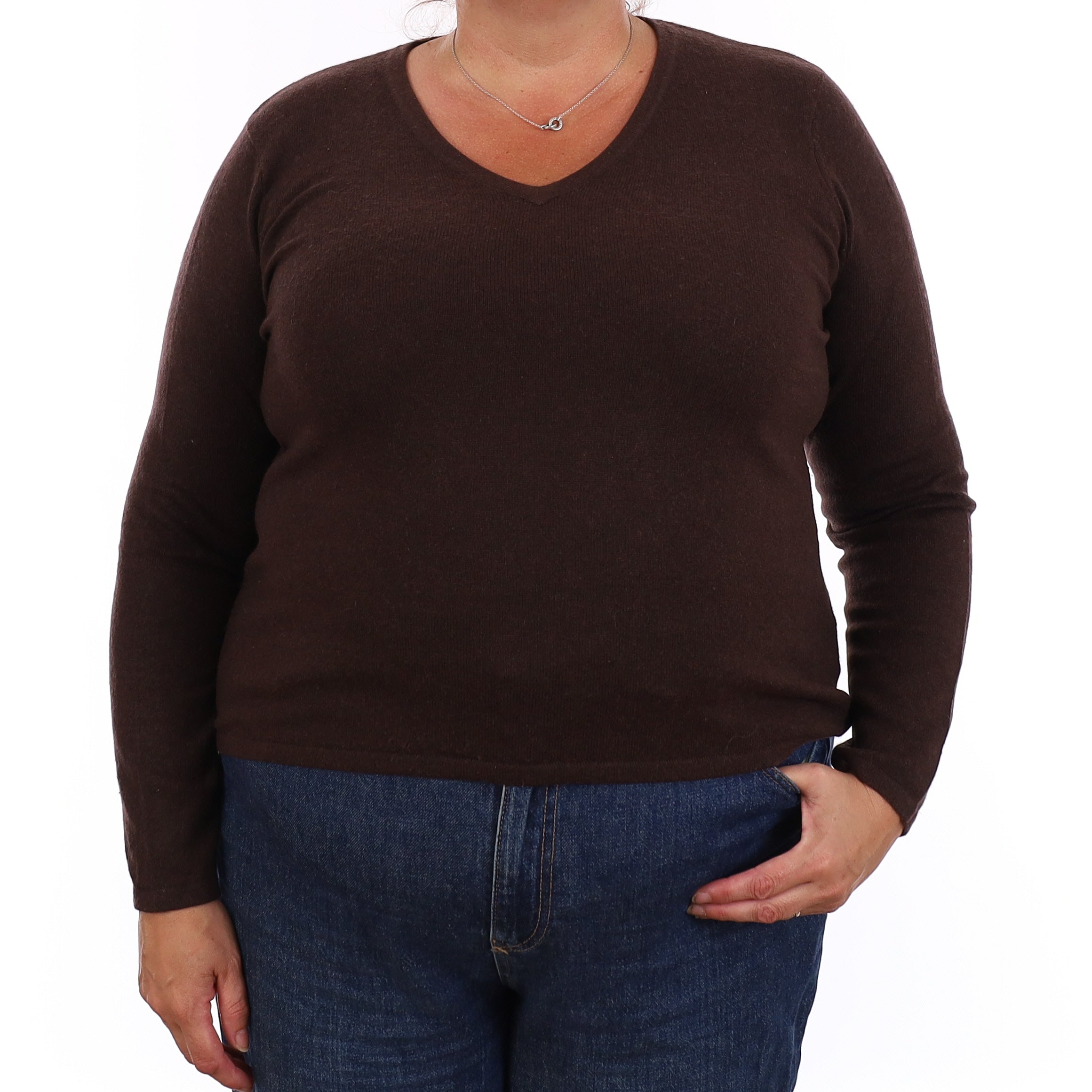 Chocolate Brown Cashmere V Neck Jumper Extra Large