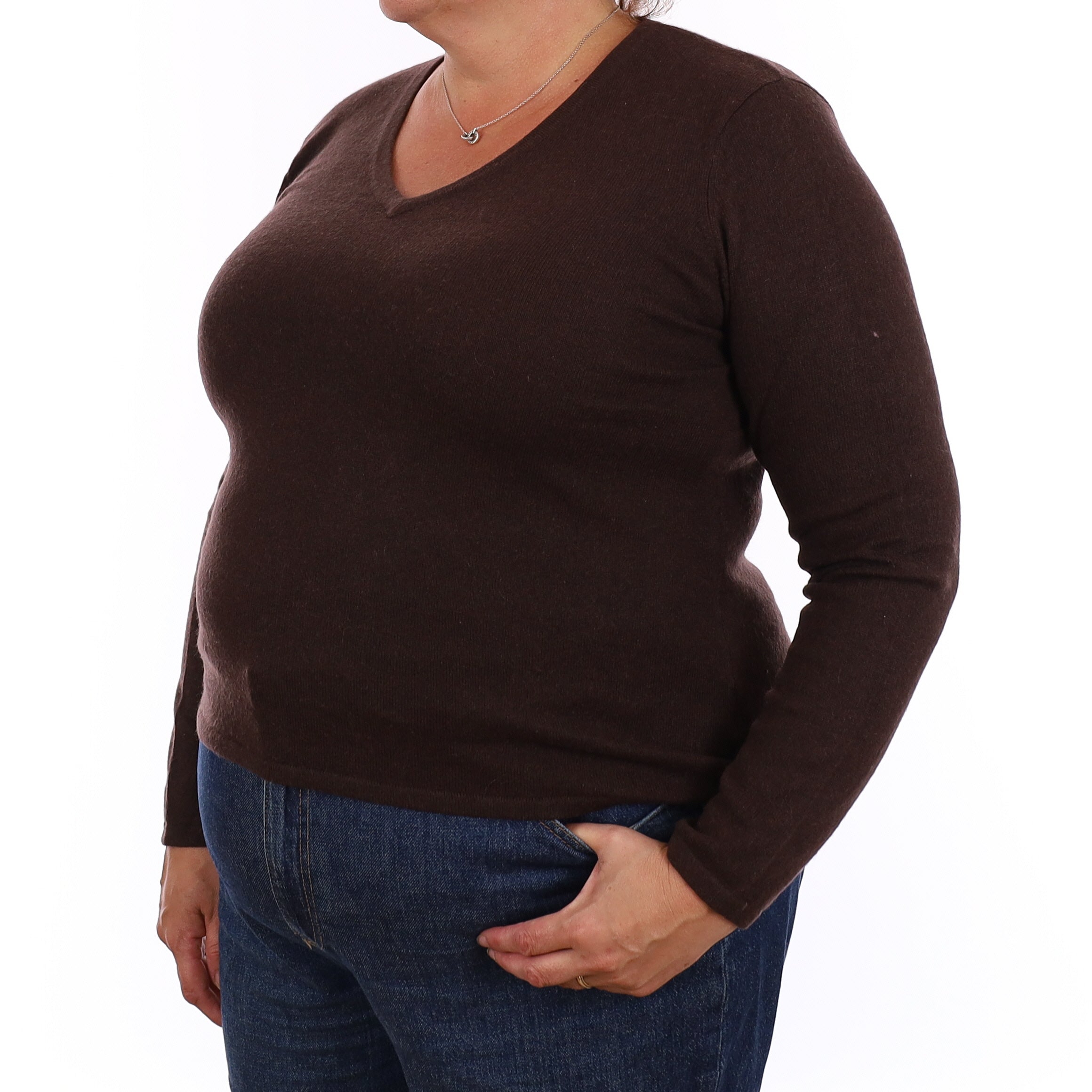 Chocolate Brown Cashmere V Neck Jumper Extra Large
