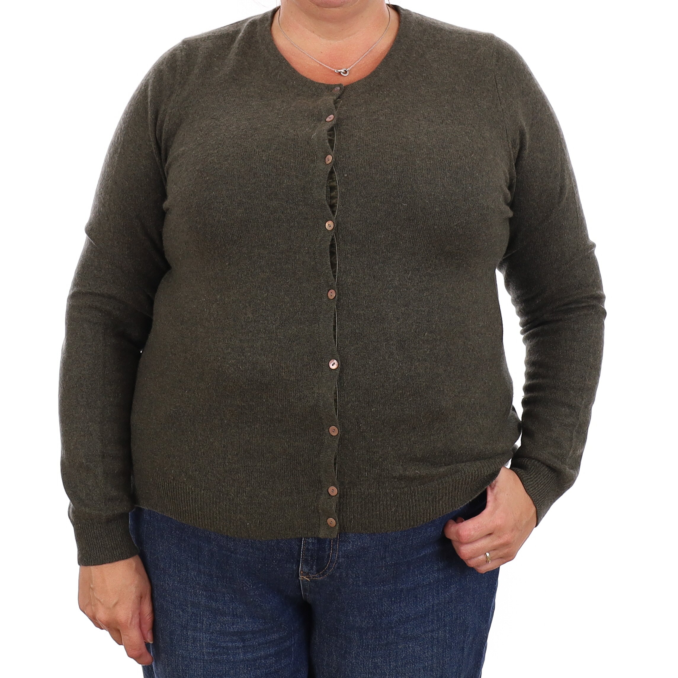Deep Khaki Green Cashmere Crew Neck Cardigan Extra Large