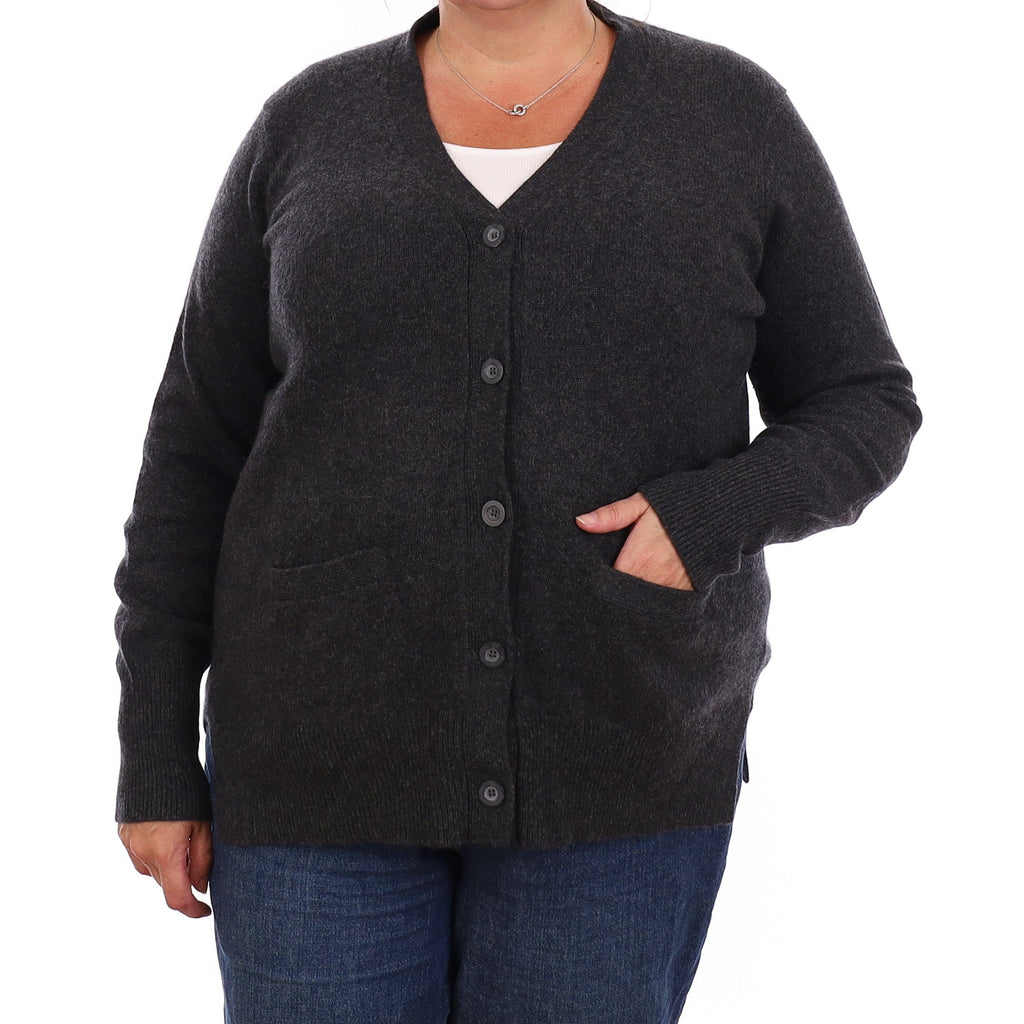 Charcoal Grey Heavy Knit Cashmere V Neck Cardigan with Pockets Extra Large