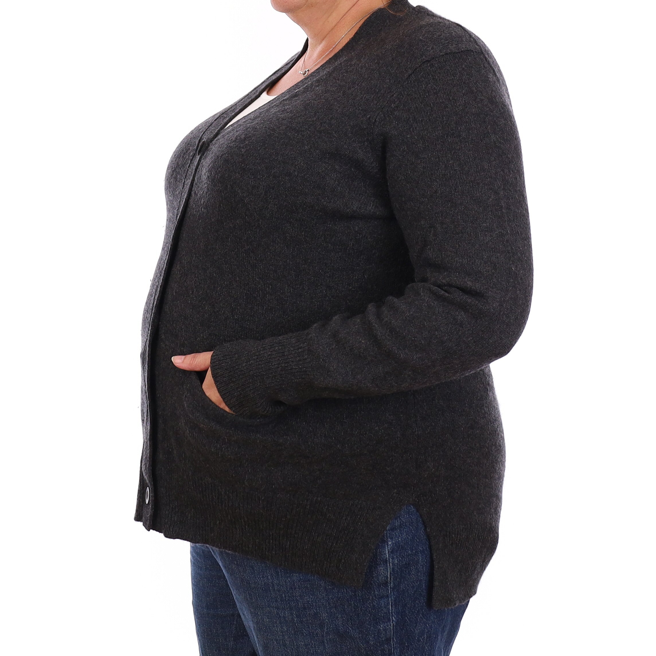 Charcoal Grey Heavy Knit Cashmere V Neck Cardigan with Pockets Extra Large
