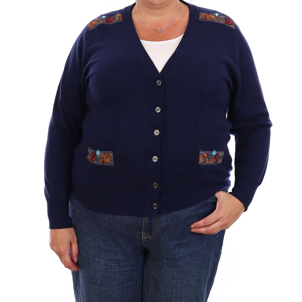 Navy Embellished Cashmere V Neck Cardigan Extra Large
