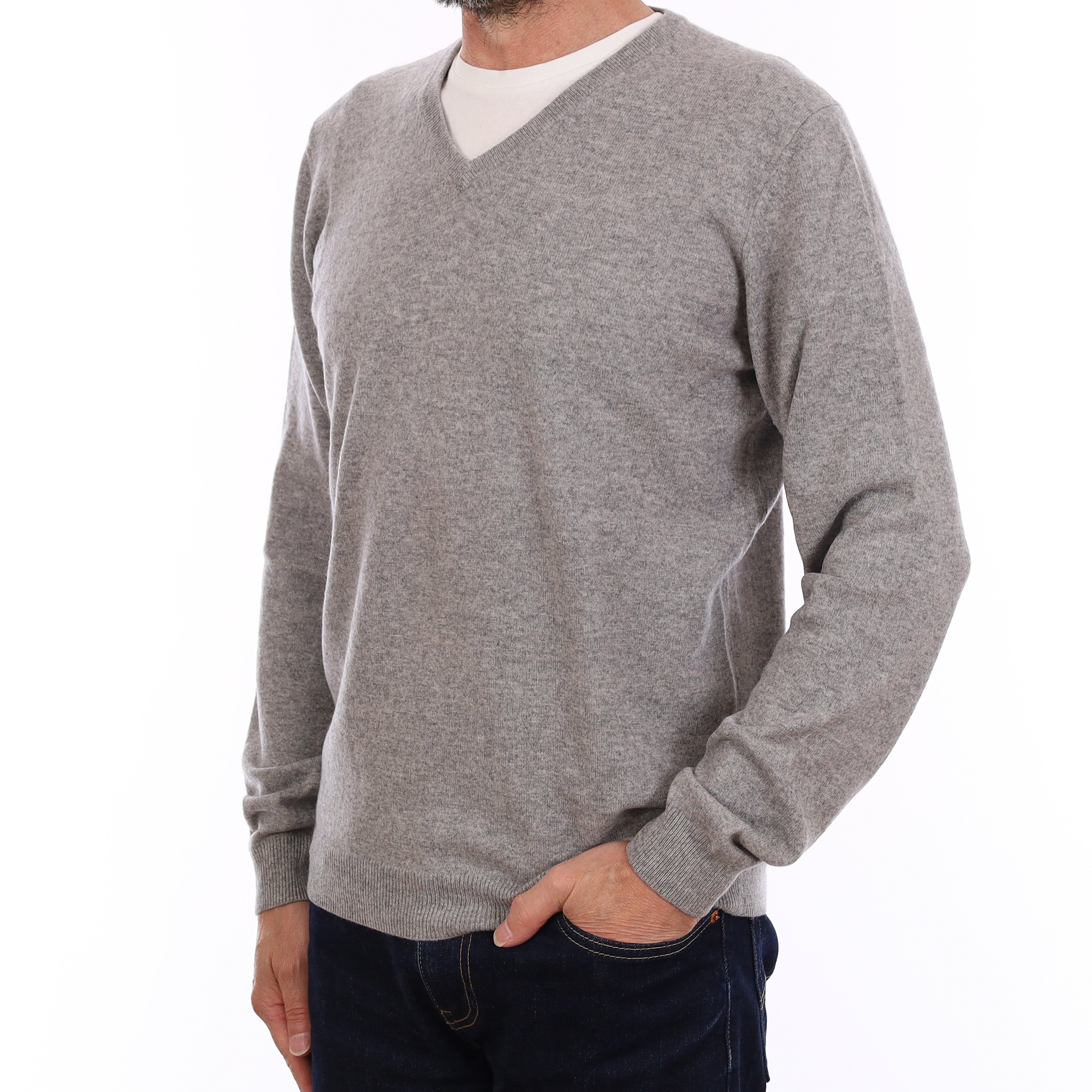 Men's Smoke Grey Cashmere V Neck Jumper Small