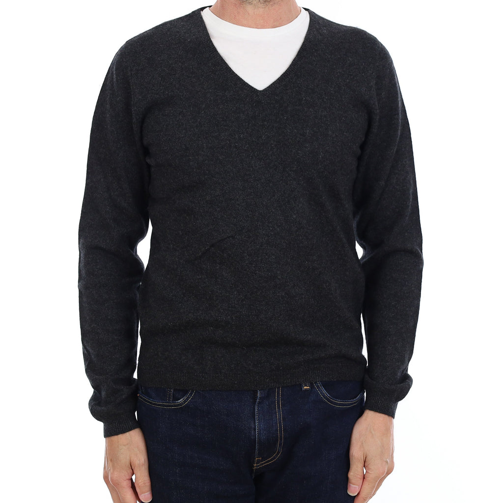 Men's Charcoal Grey Cashmere V Neck Jumper Small