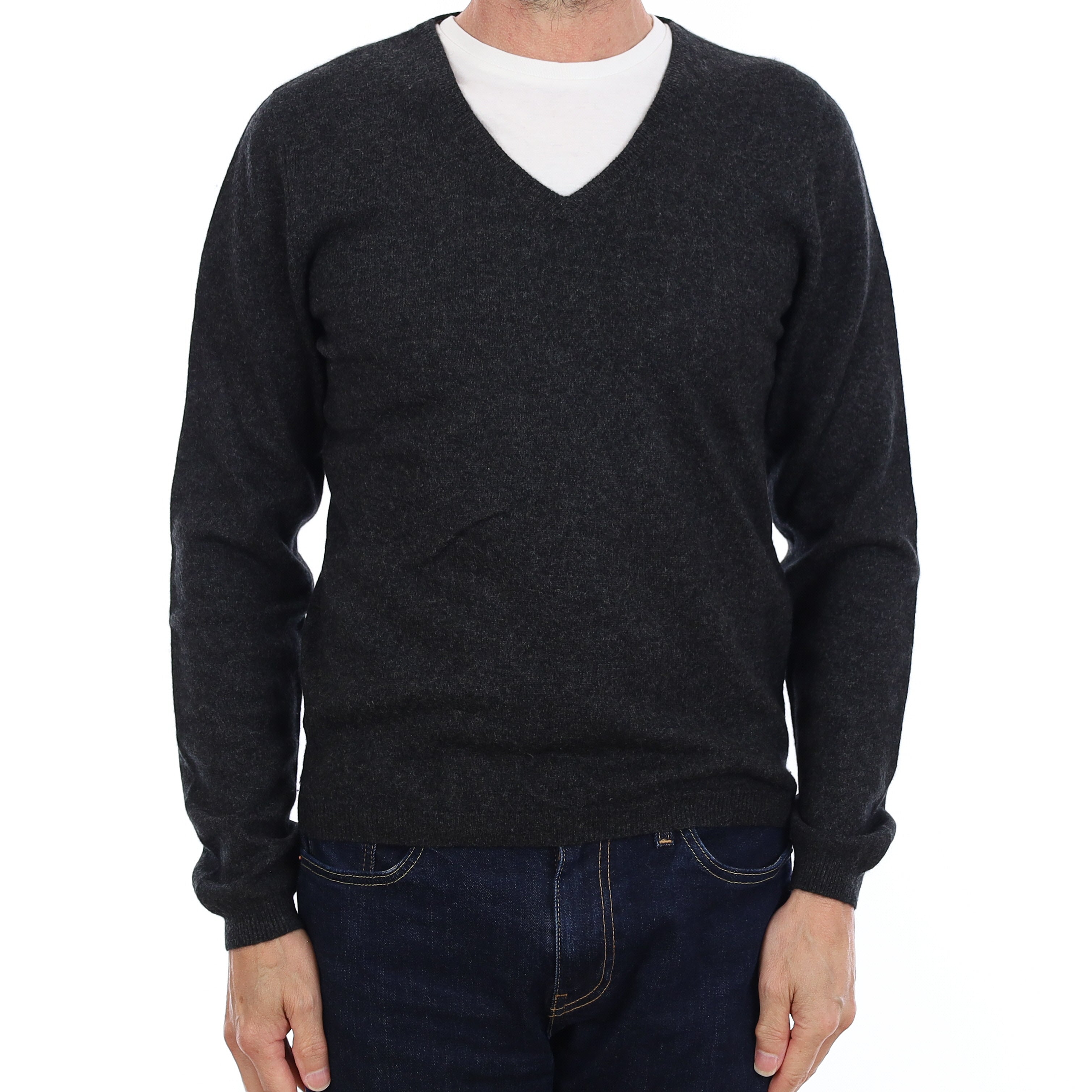 Men's Charcoal Grey Cashmere V Neck Jumper Small