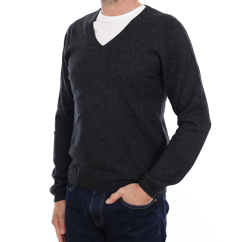 Men's Charcoal Grey Cashmere V Neck Jumper Small