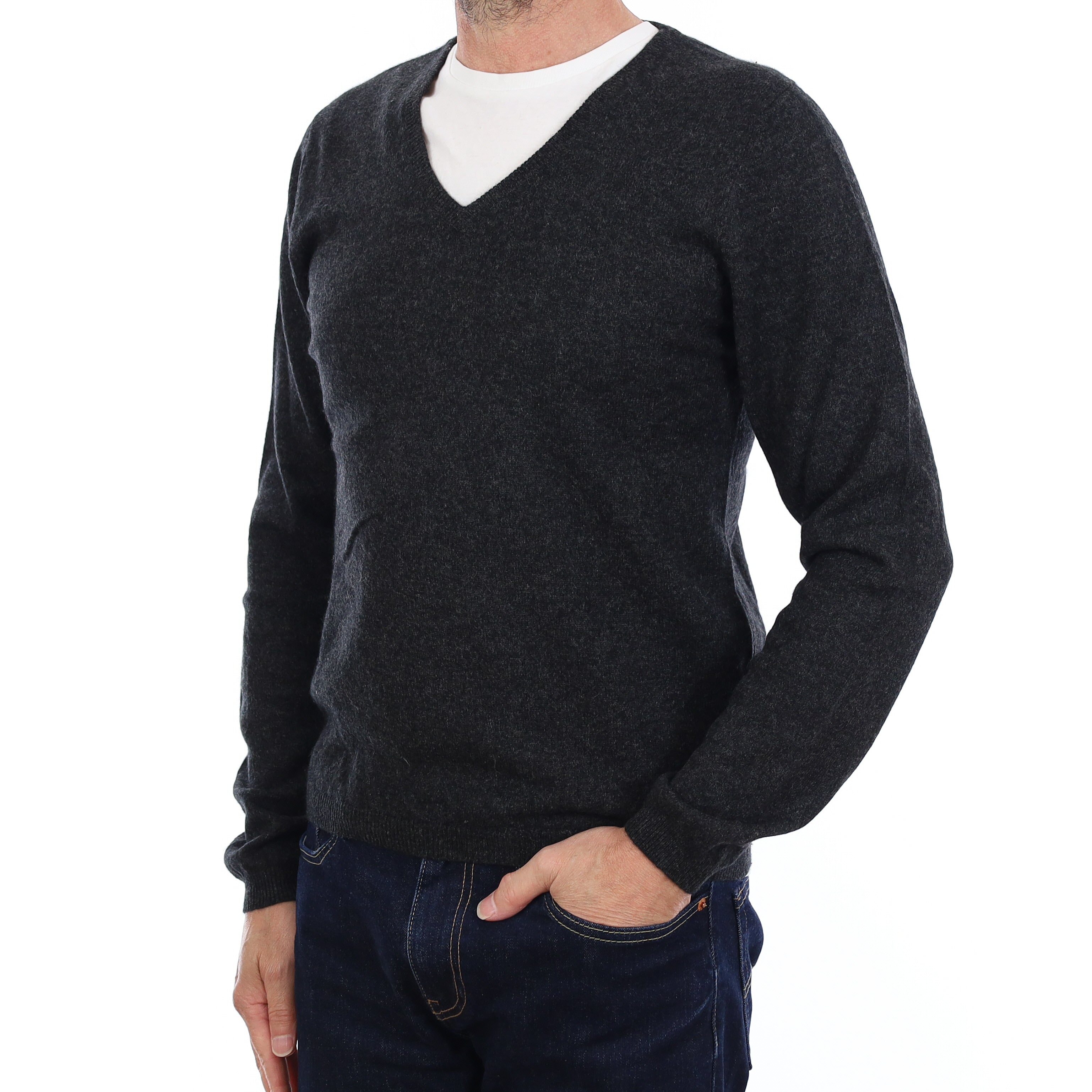 Men's Charcoal Grey Cashmere V Neck Jumper Small