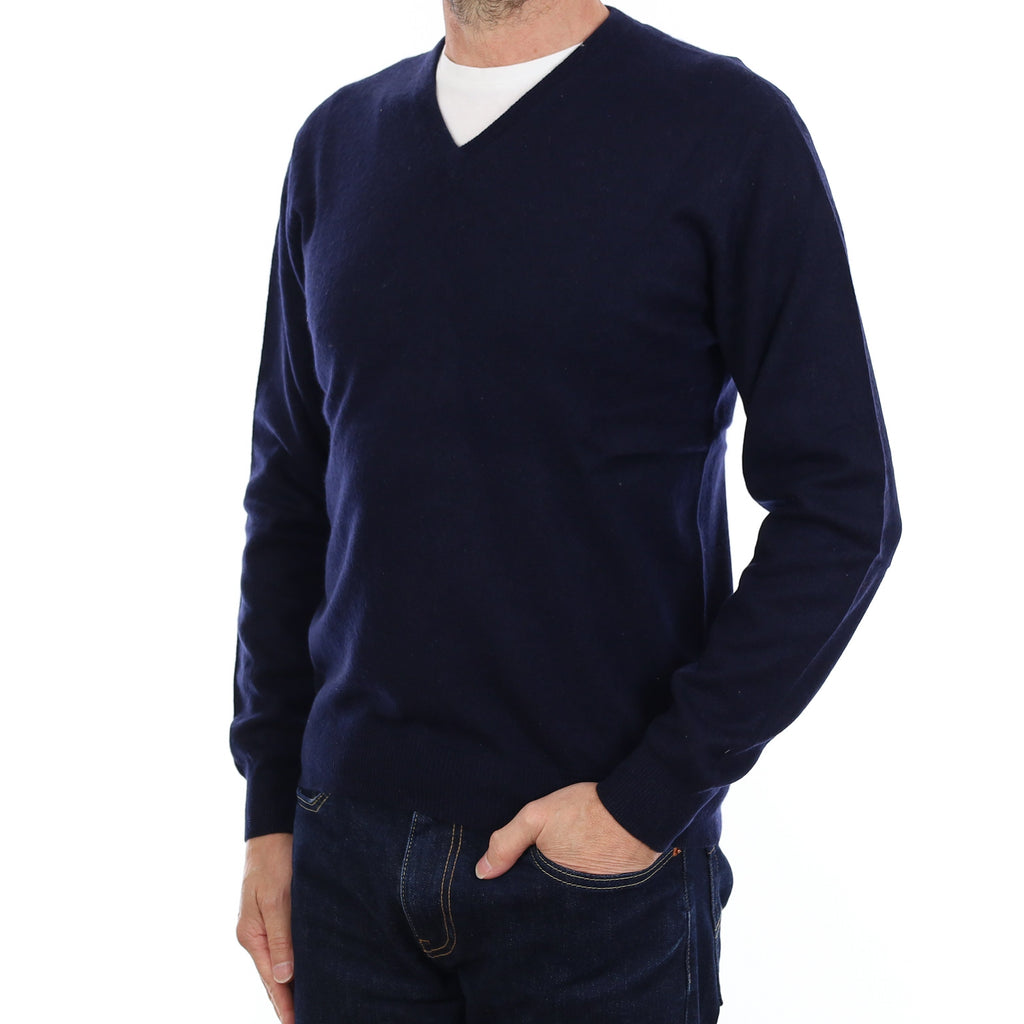 Men's Navy Cashmere V Neck Jumper Small