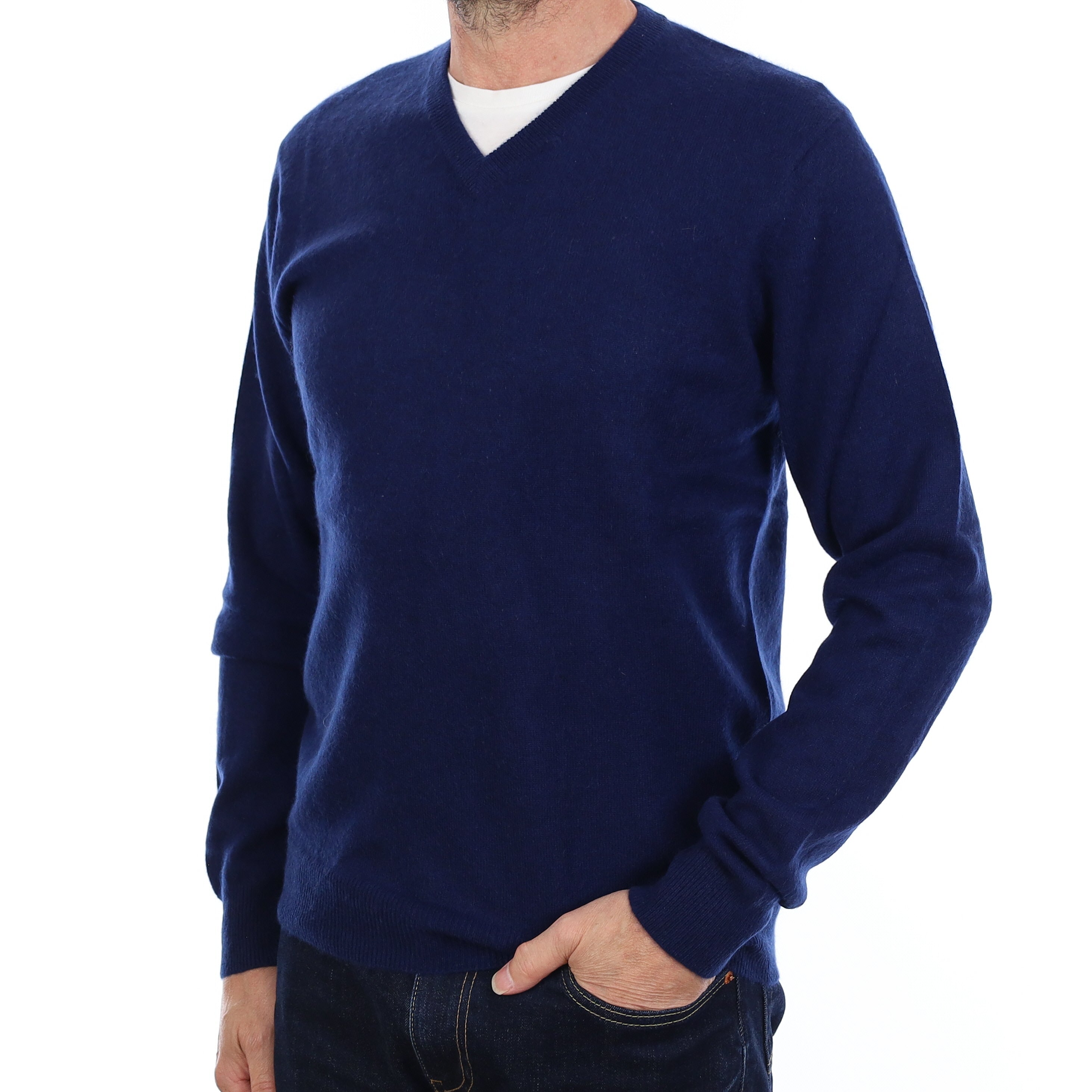 Men's Navy Cashmere V Neck Jumper Small
