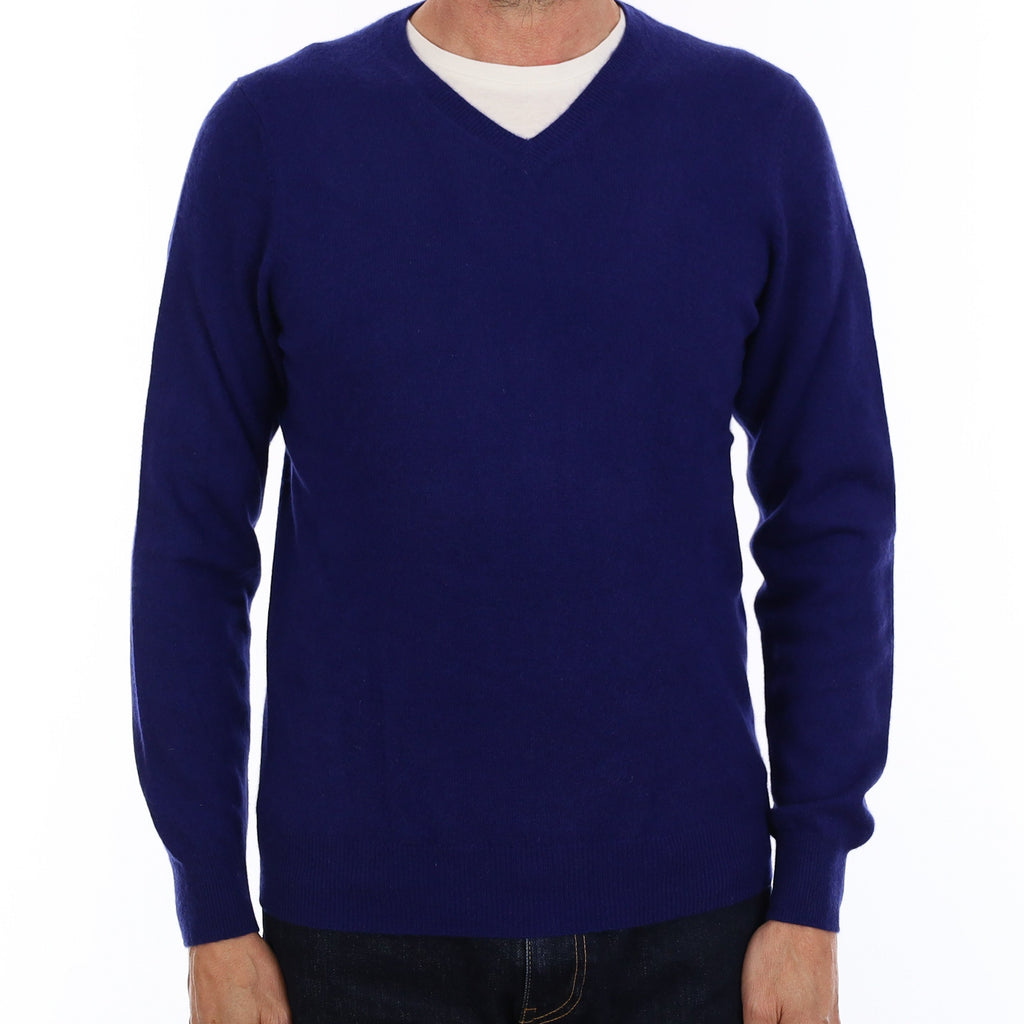Men's Indigo Blue Cashmere V Neck Jumper Small