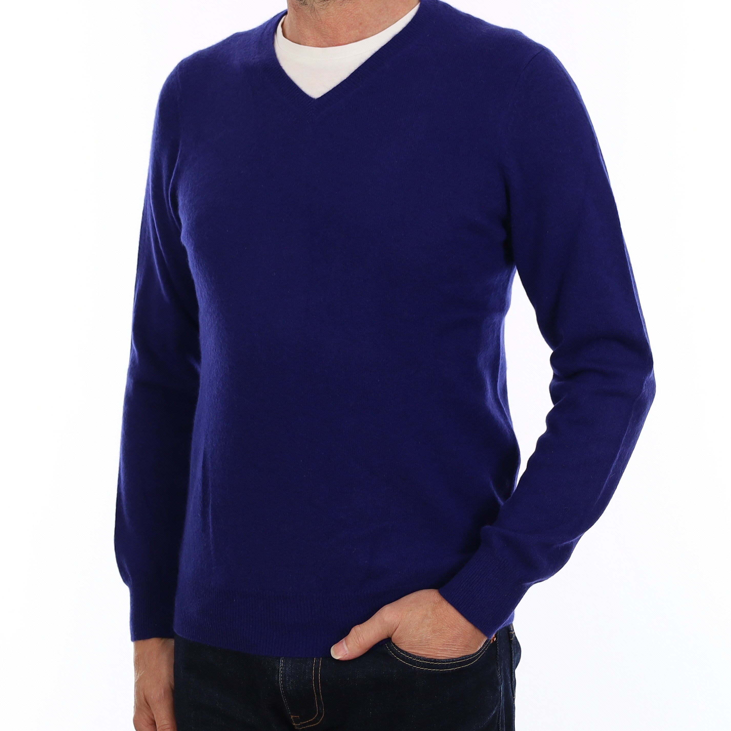 Men's Indigo Blue Cashmere V Neck Jumper Small