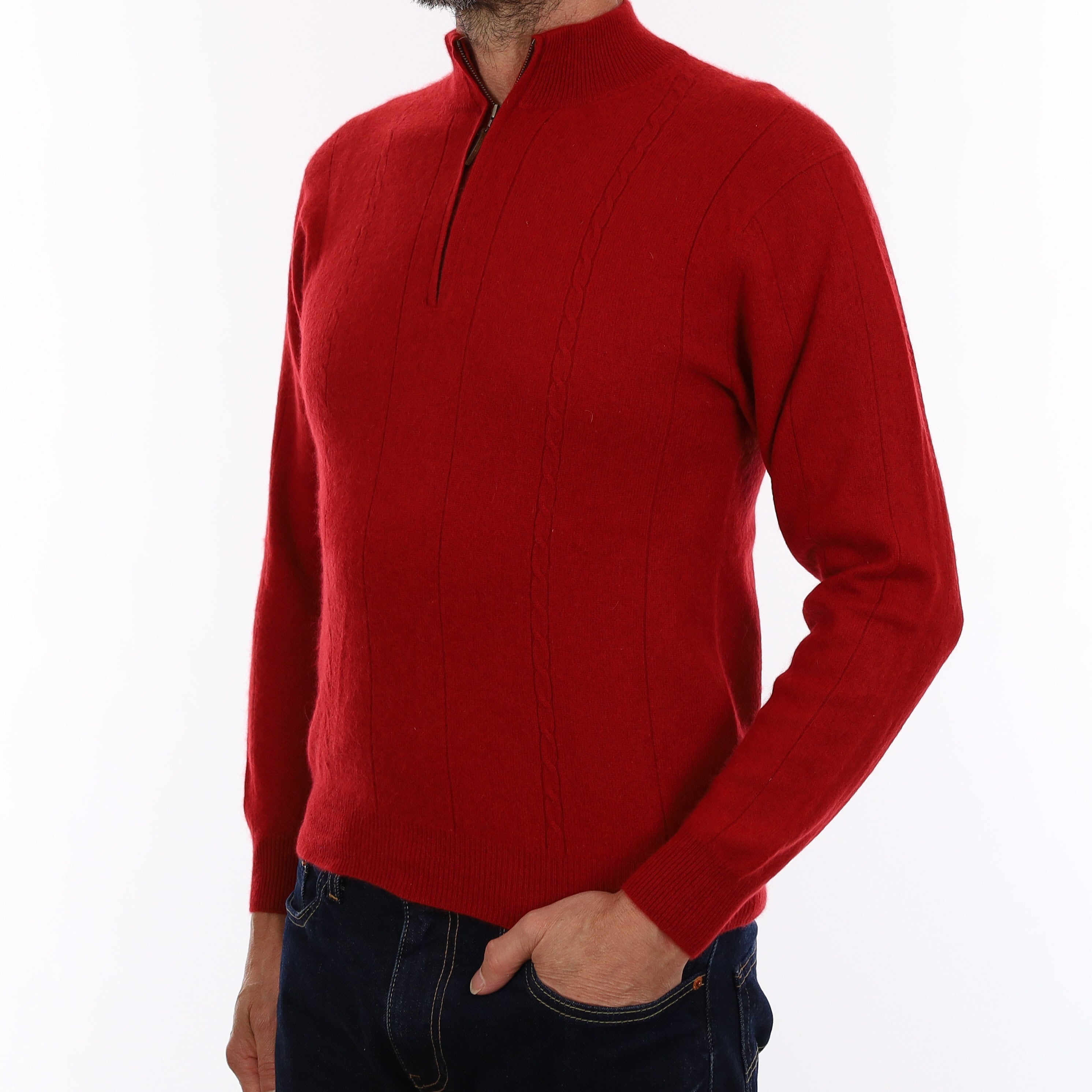 Men's Crimson Red Cashmere 1/4 Zip Jumper Small