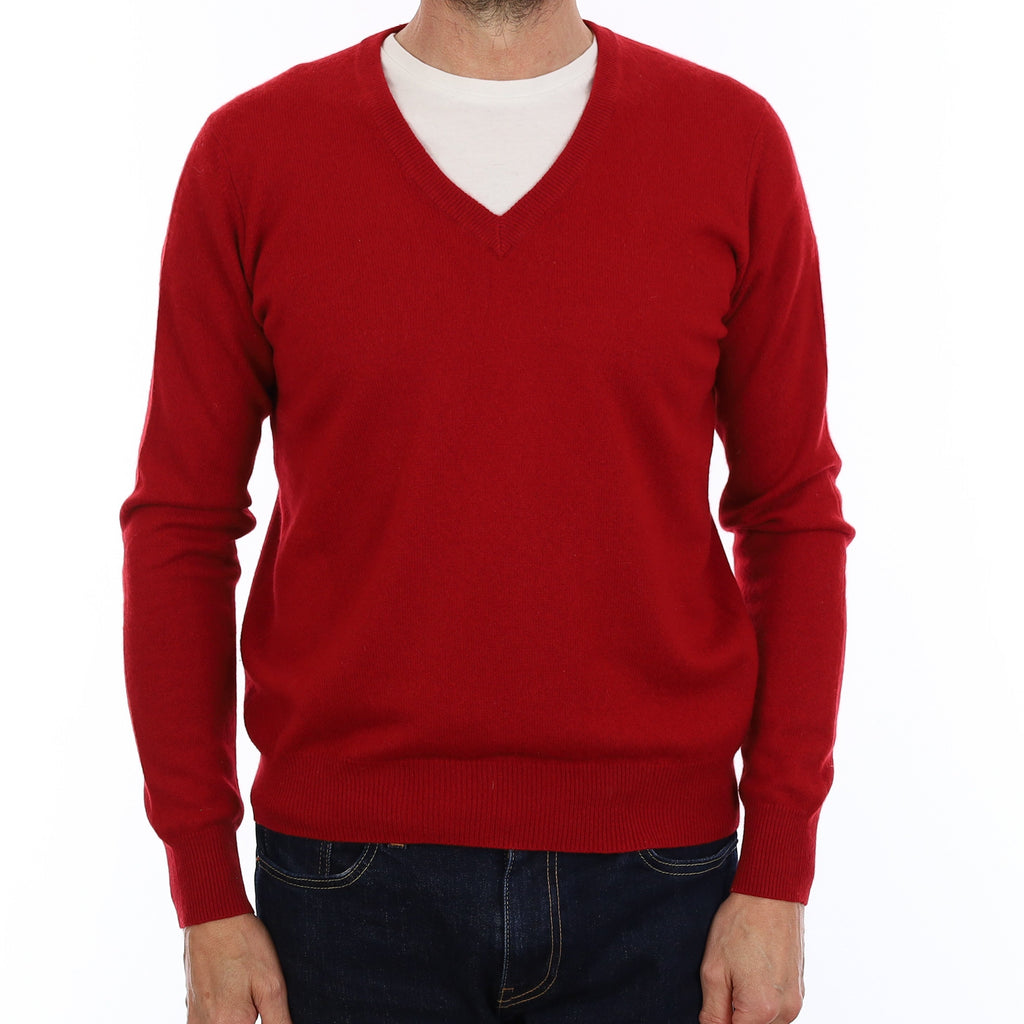 Men's Crimson Red Cashmere V Neck Jumper Small