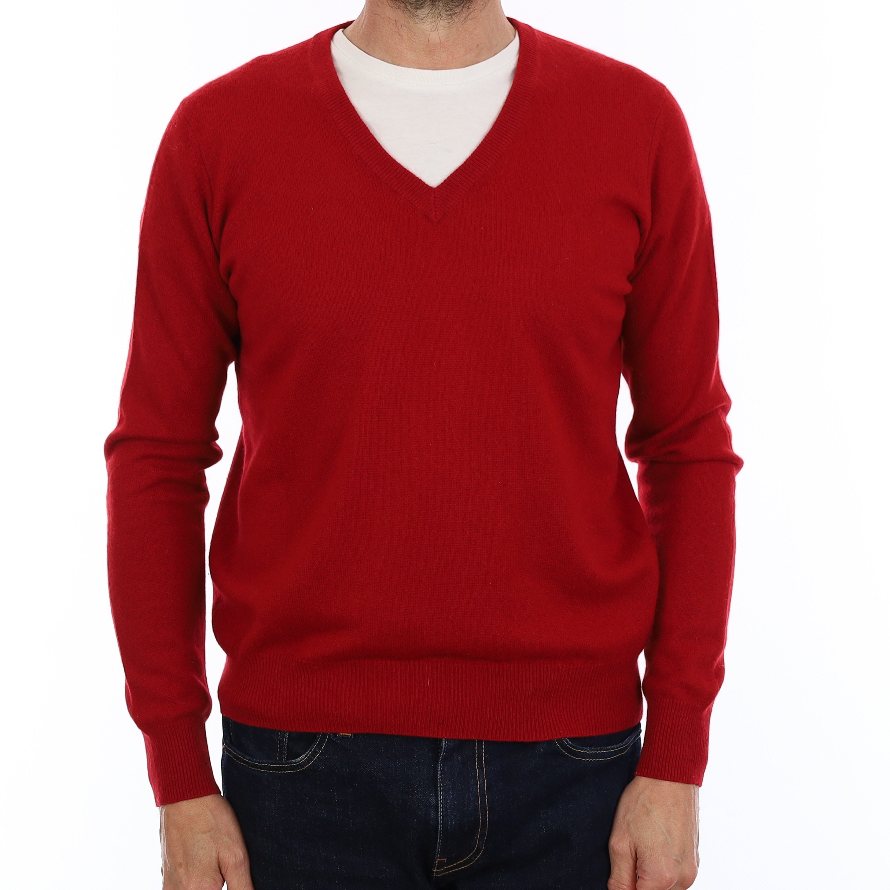 Men's Crimson Red Cashmere V Neck Jumper Small