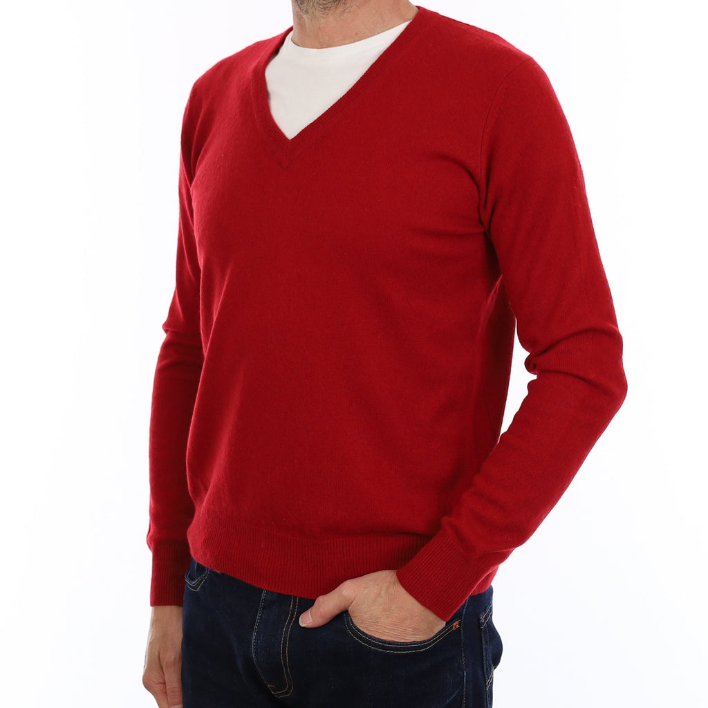 Men's Crimson Red Cashmere V Neck Jumper Small