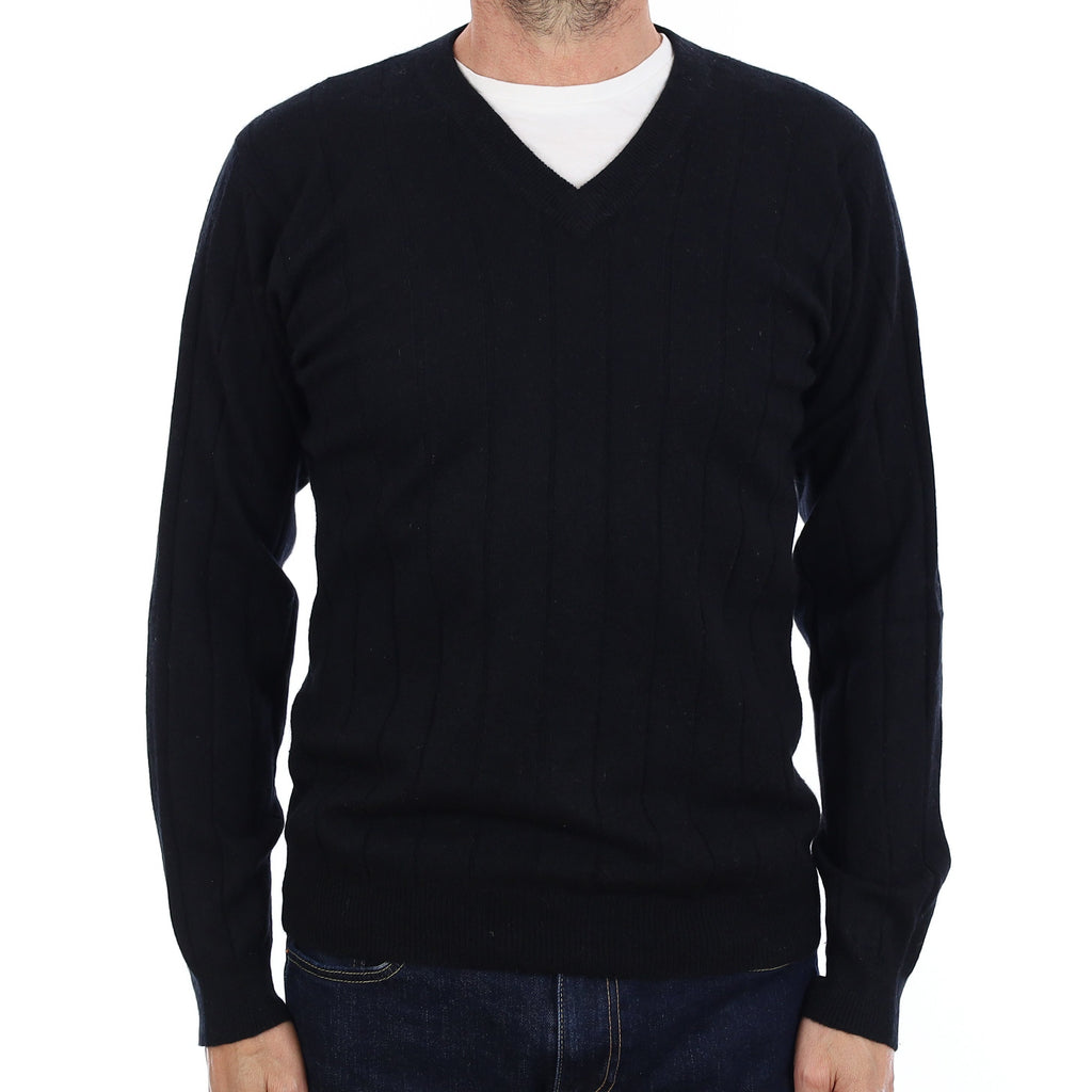 Men's Black Rib Cashmere V Neck Jumper Small