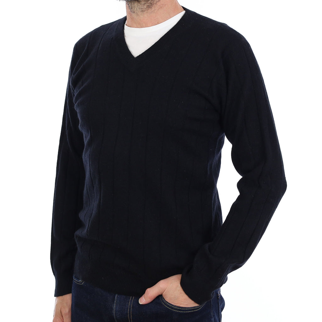 Men's Black Rib Cashmere V Neck Jumper Small