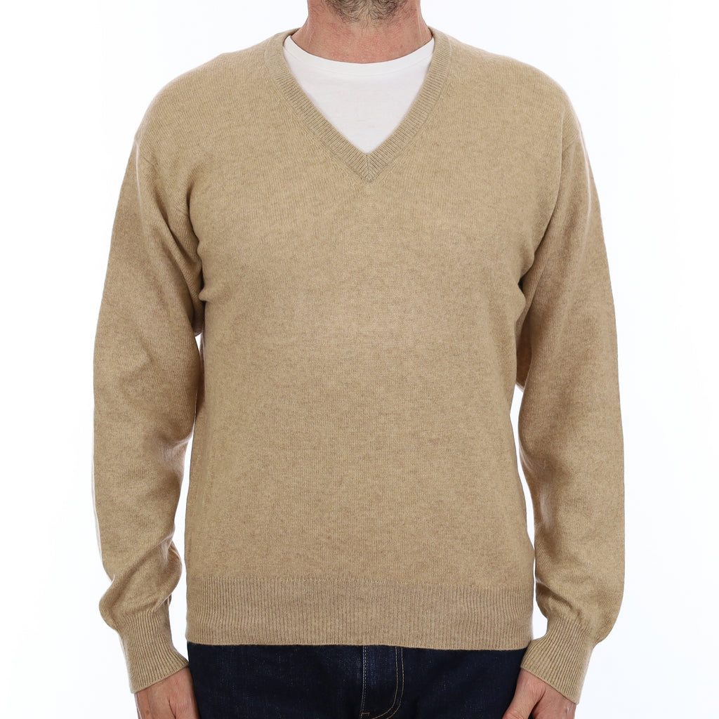 Men's Sand Beige Cashmere V Neck Jumper Small