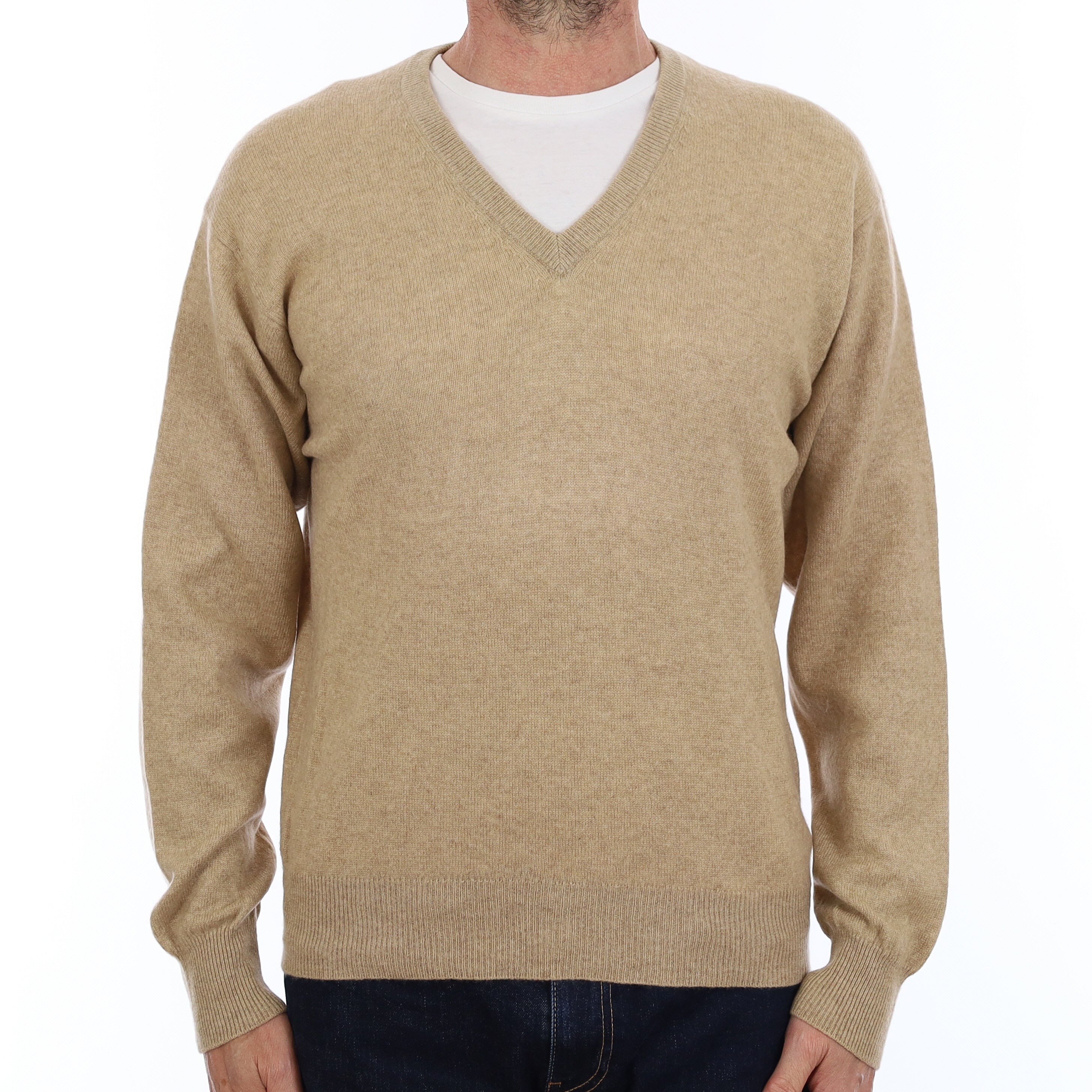 Men's Sand Beige Cashmere V Neck Jumper Small