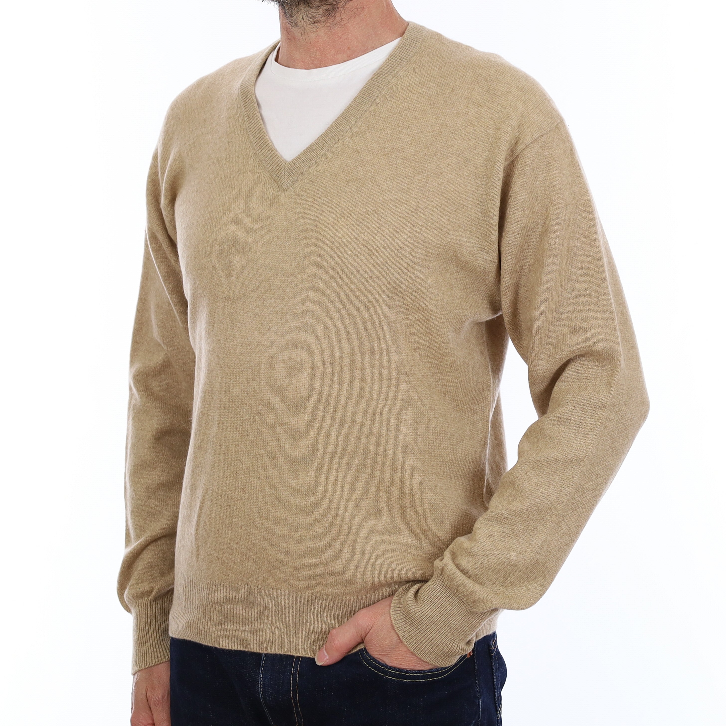 Men's Sand Beige Cashmere V Neck Jumper Small