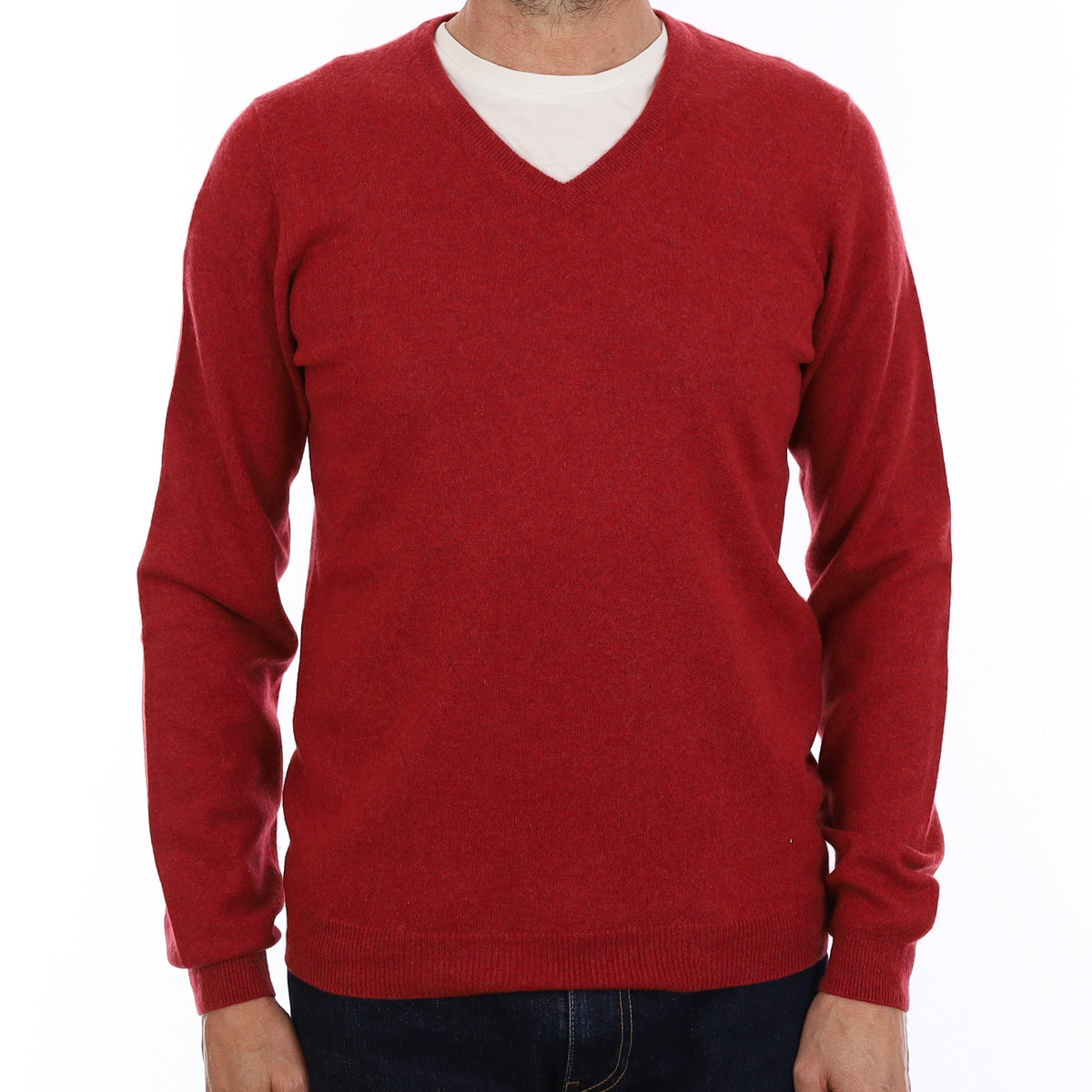 Men's Crimson Red Cashmere V Neck Jumper Small