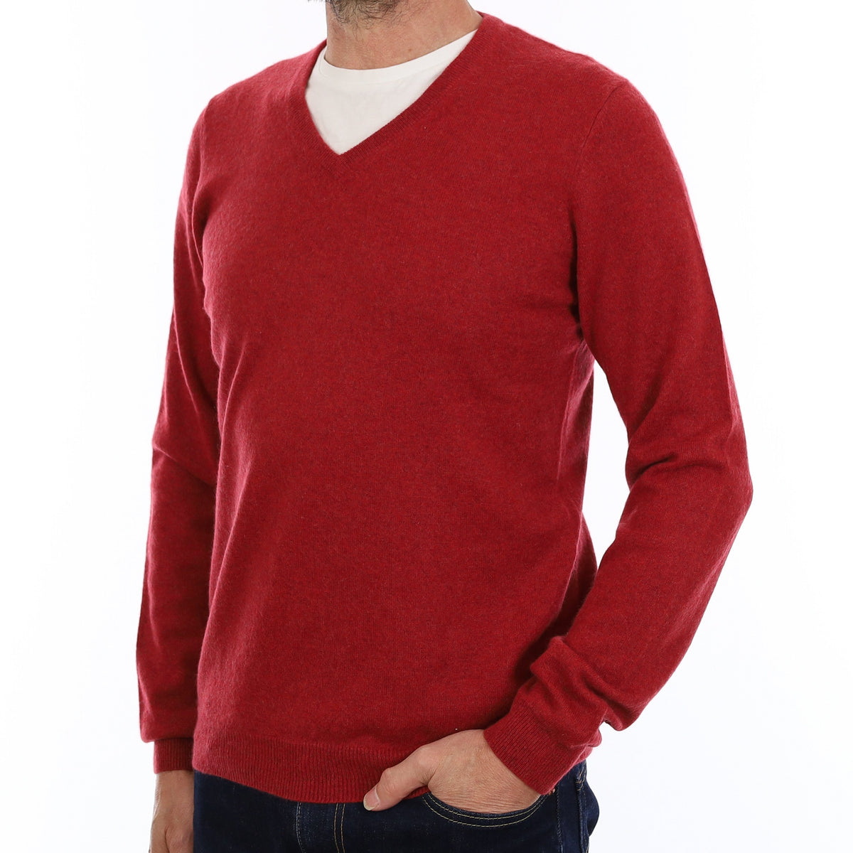 Men's Crimson Red Cashmere V Neck Jumper Small