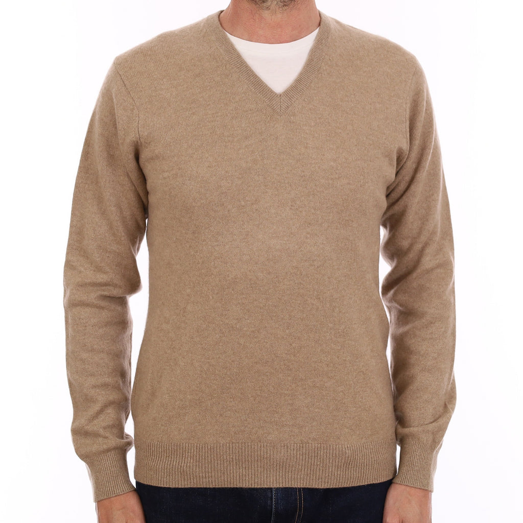 Men's Fudge Brown Cashmere V Neck Jumper Small