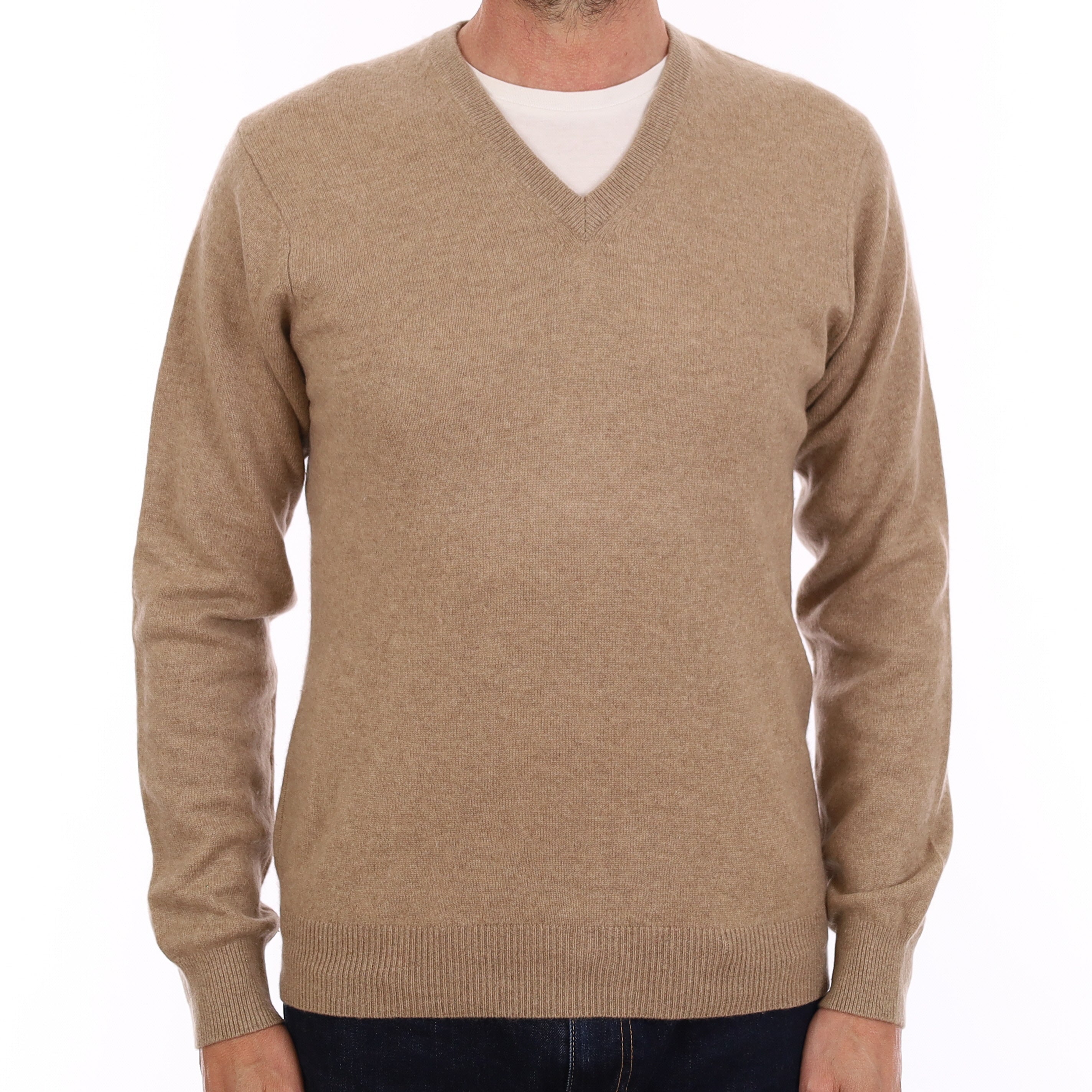 Men's Fudge Brown Cashmere V Neck Jumper Small
