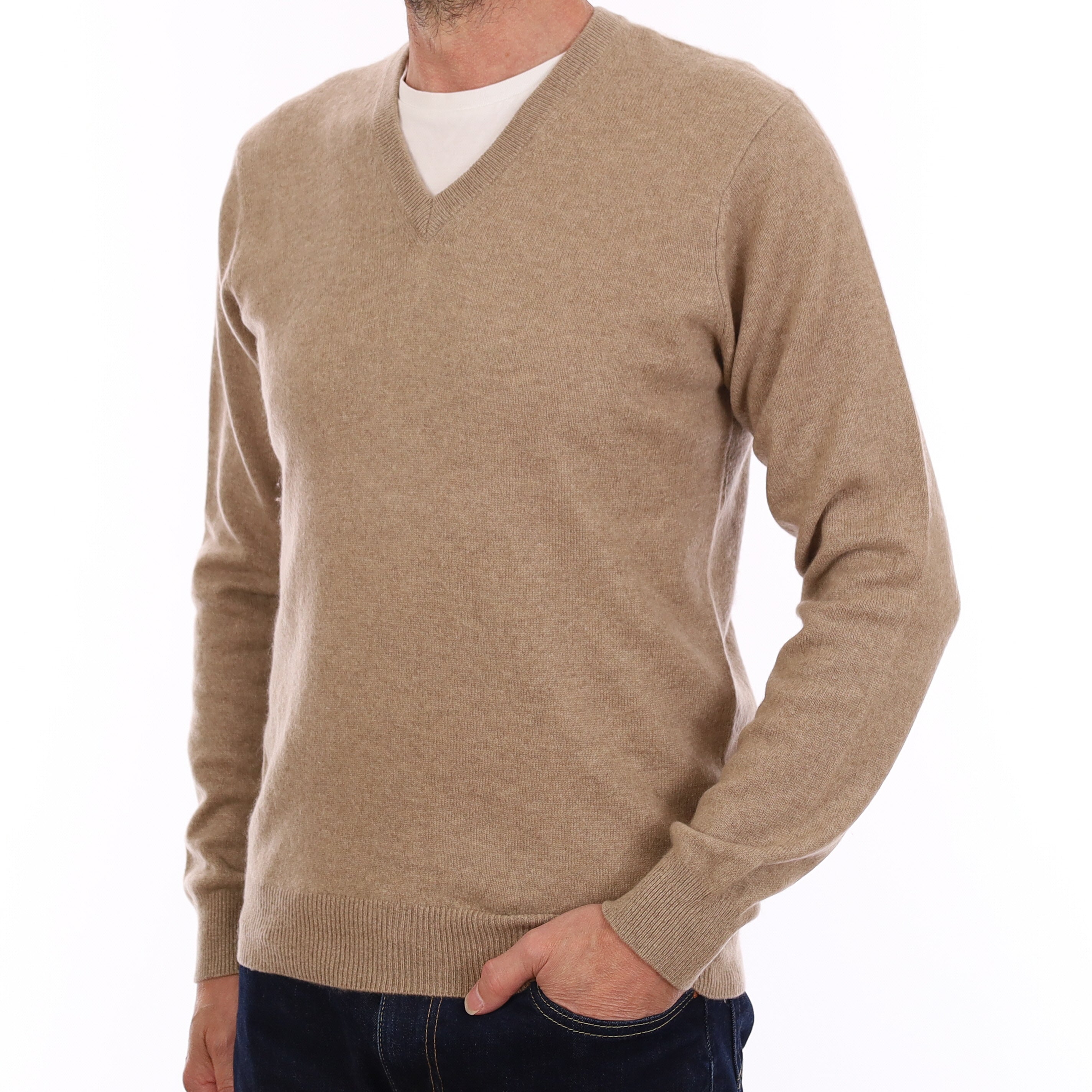 Men's Fudge Brown Cashmere V Neck Jumper Small