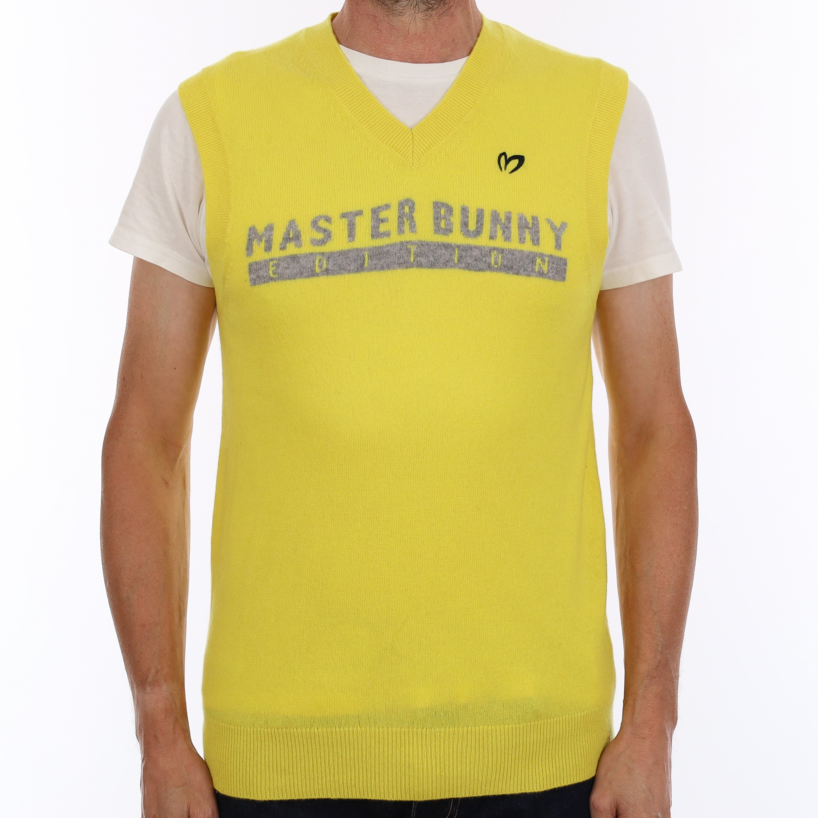Men's Yellow & Grey Cashmere V Neck Jumper Small