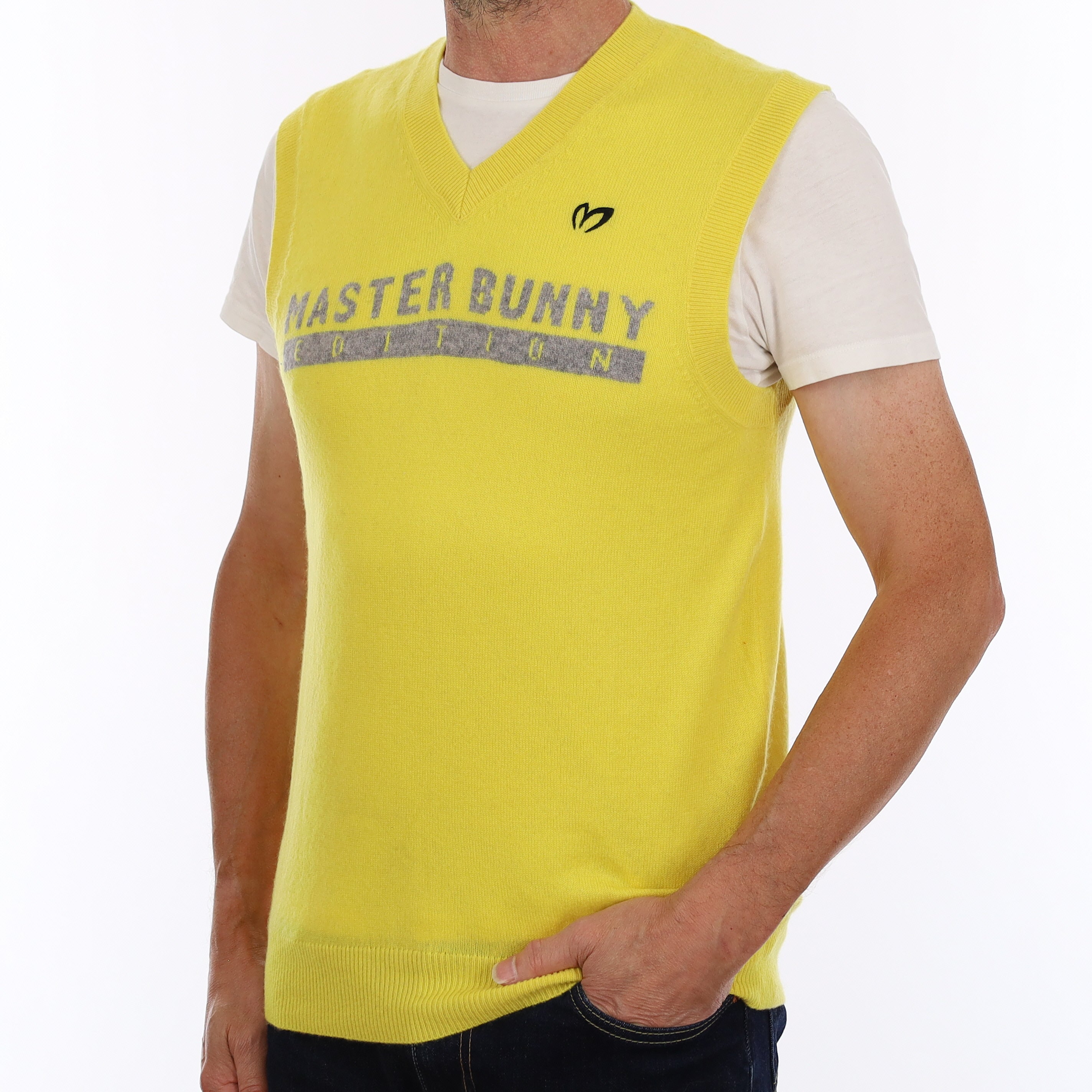 Men's Yellow & Grey Cashmere V Neck Jumper Small