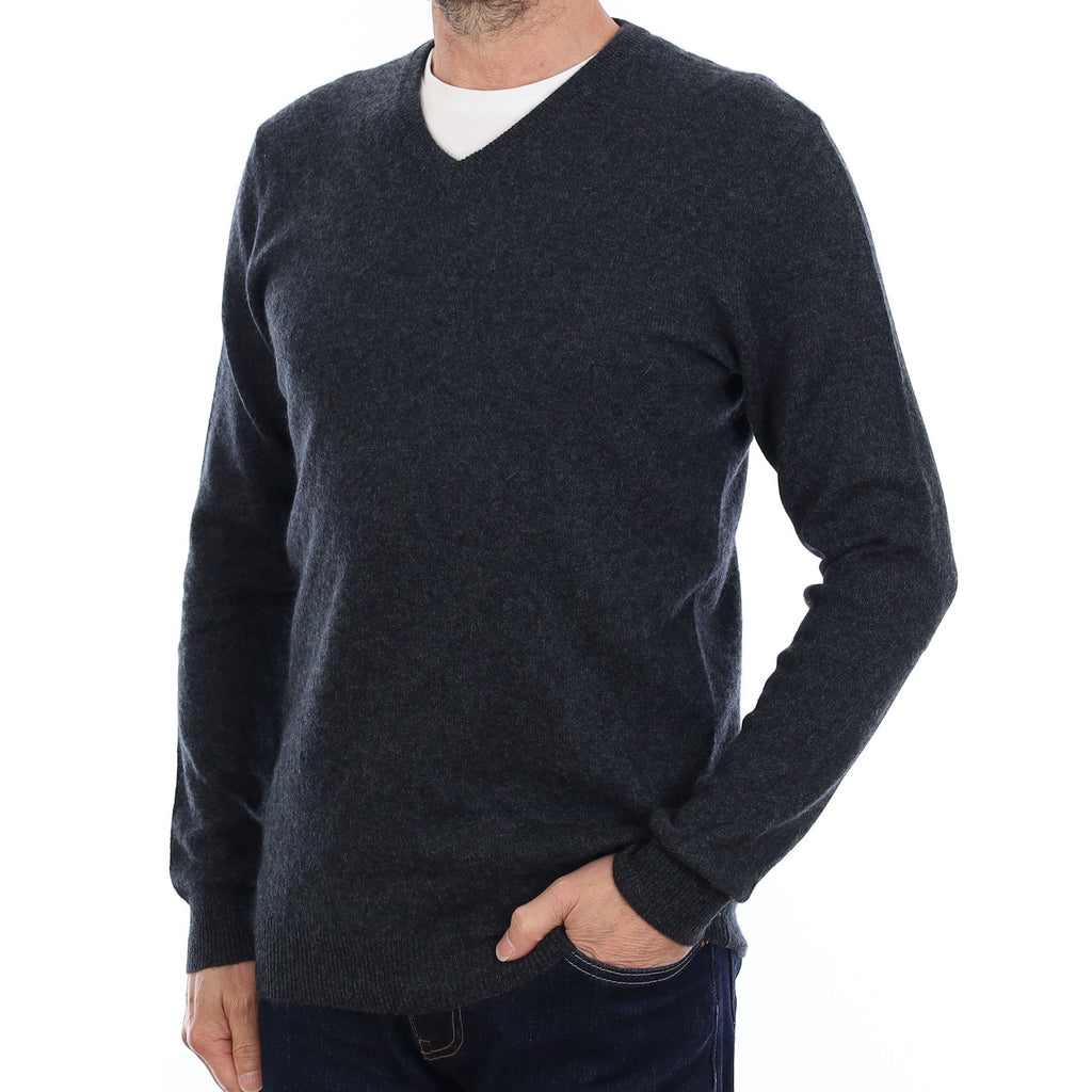 Men's Charcoal Grey Cashmere V Neck Jumper Small